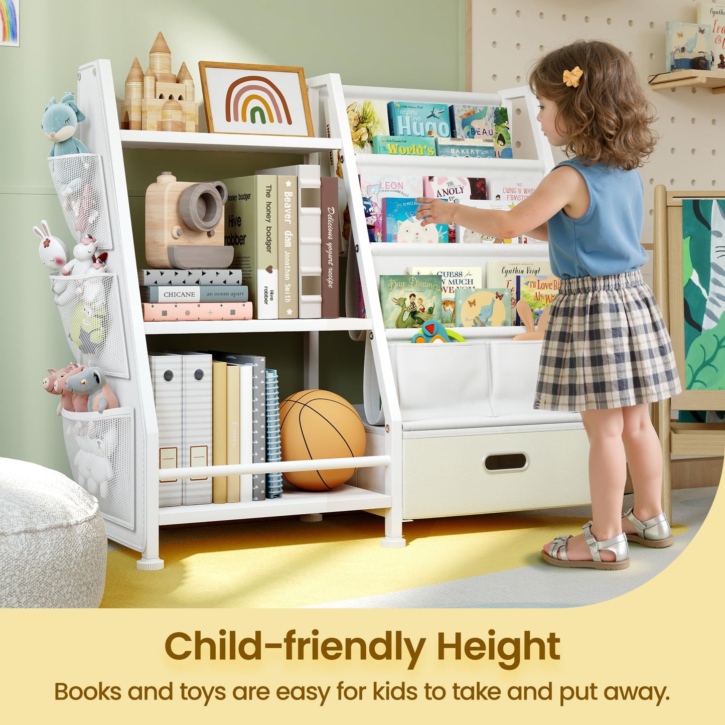Kids Bookshelf and Toy Storage Organizer: White Book Shelf for Kids Room with Drawer to Storage Books and Toys Organizer - 3 Tire Toddler Bookshelf with 3 Side Pockets for Nursery, Bedroom, Playroom