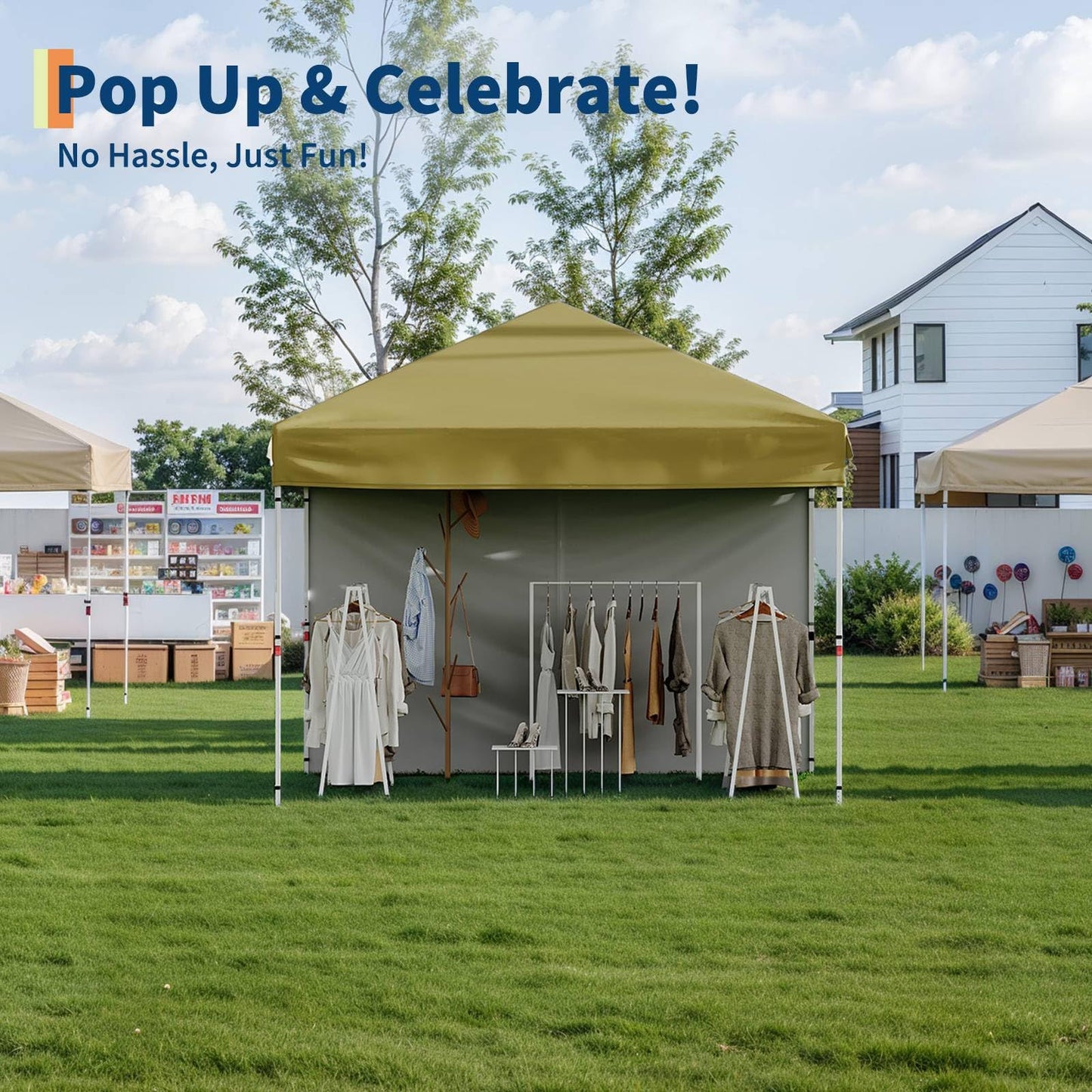 GarveeLife 10x10 Pop Up Canopy with One Sidewalls Easy Up Camping Tent with One Button Push Setup 1 Roller Bag 3 Adjustable Height 4 Weight Bags (Khaki)