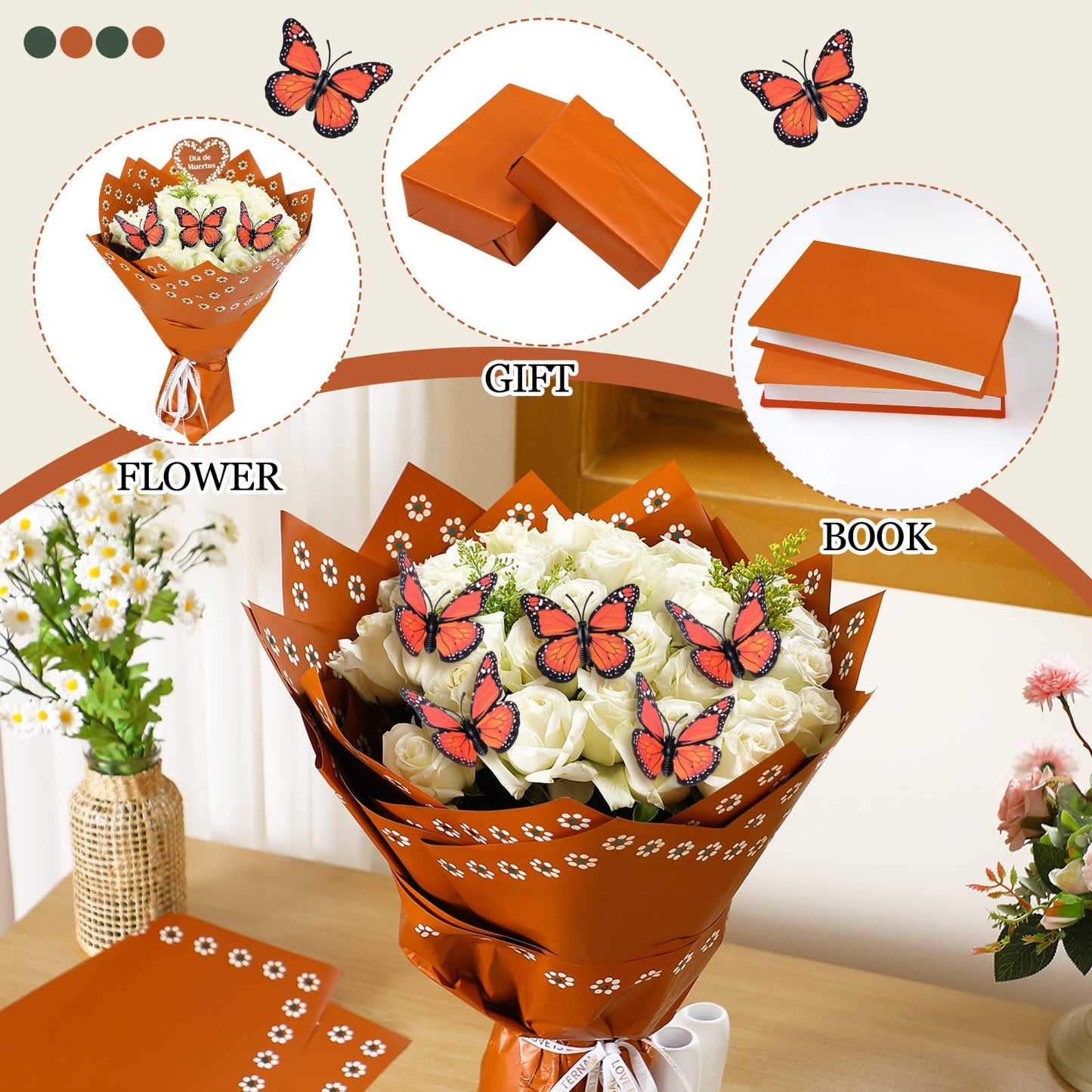 Fullhawl 20 Sheet Mexican Bouquet Floral Wrapping Paper with 10 Monarch Butterflies Waterproof Wrap for Mother's Day Wedding Birthday Baby Shower & Cinco de Mayo Party Gift Flower DIY Packaging