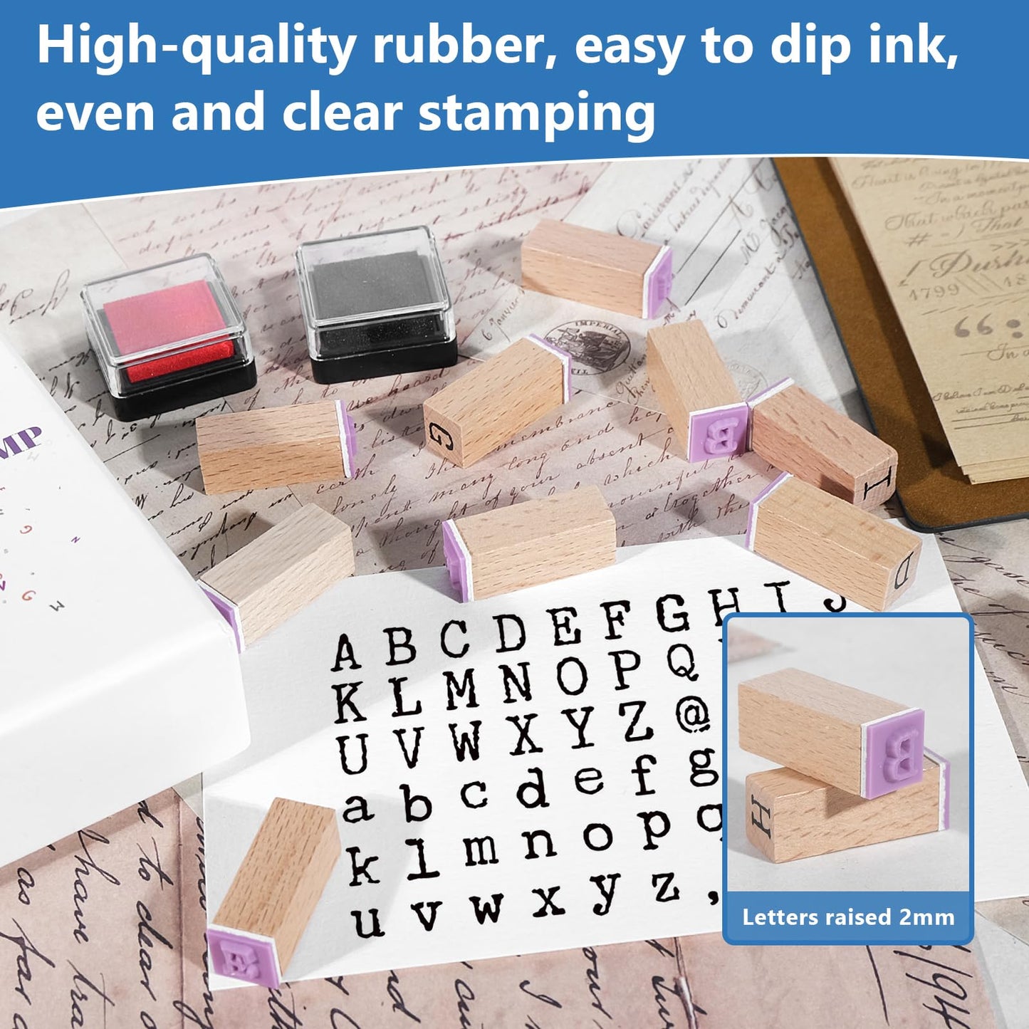 CraftyManor 61 PCS Small Letter Stamps and Ink Pad for Crafting, Clay Alphabet Wooden Rubber Stamp Kit, DIY Craft Scrapbook Supplies for Card Making (Small-63PCS)