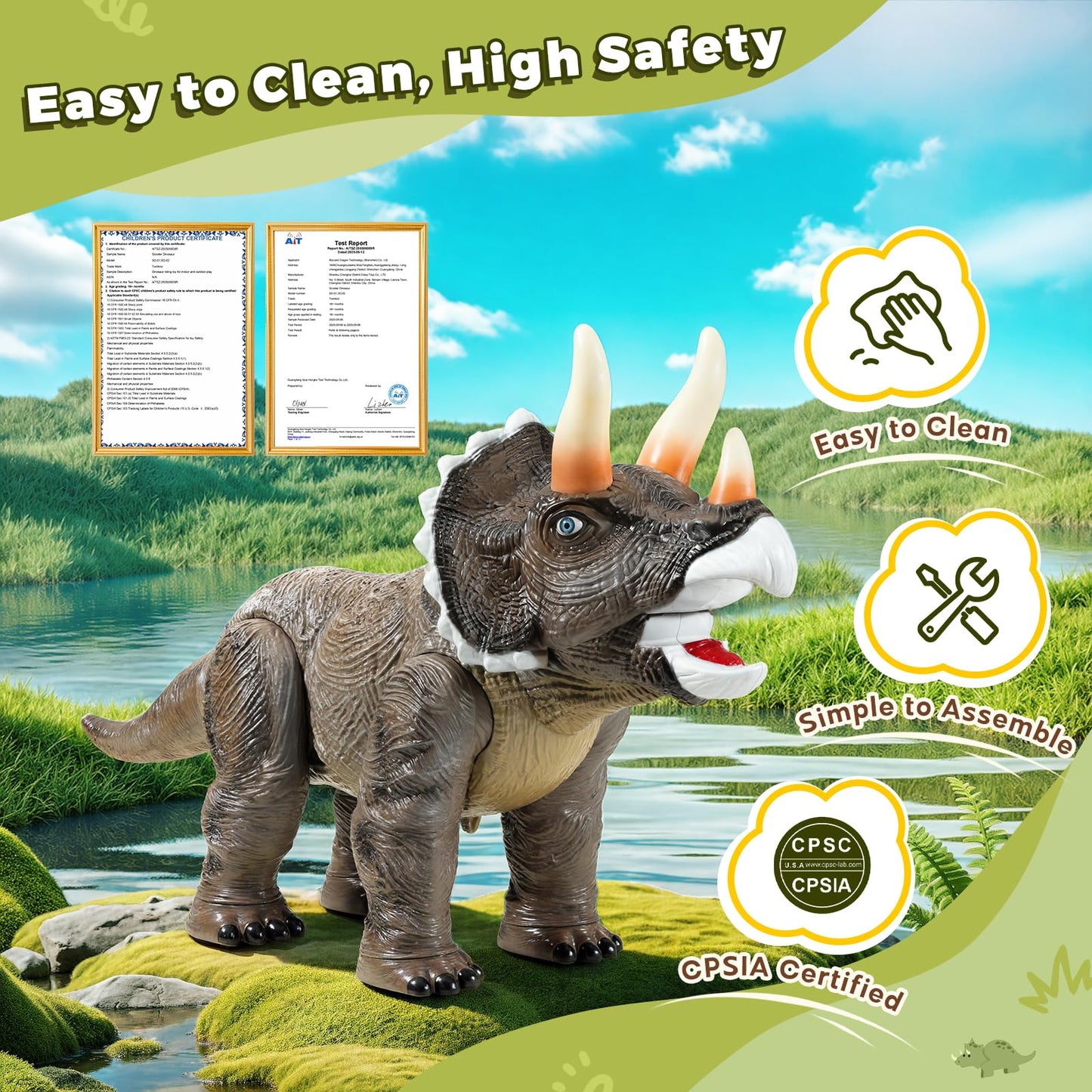 Twinkoo Dinosaur Ride On Toy Cars for Kids, Realistic Triceratops Push Car with Three Sound Effects,Sound and Light Effects PP Wheels for Indoor/Outdoor Play,Best Gift for Kids(Triceratops)