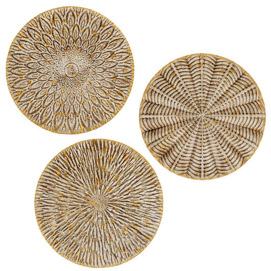 Arborus Set of 3 Rustic Floral Round Metal Wall Art - Intricate 3D Design with Sturdy Hooks, Gold and Beige Decorative Plates (11.8" Diameter)