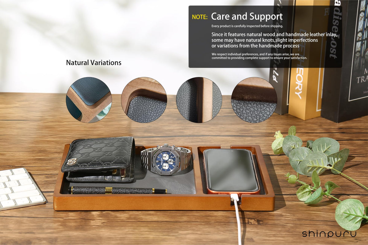 Shinpuru Wooden Valet Tray for Men, Nightstand Organizer with Leather Inlay, EDC Essentials Catchall Tray for Keys, Phone, Wallet, Watch, Earbuds - Bedside Desk Entryway Tray (Wood-Phone)