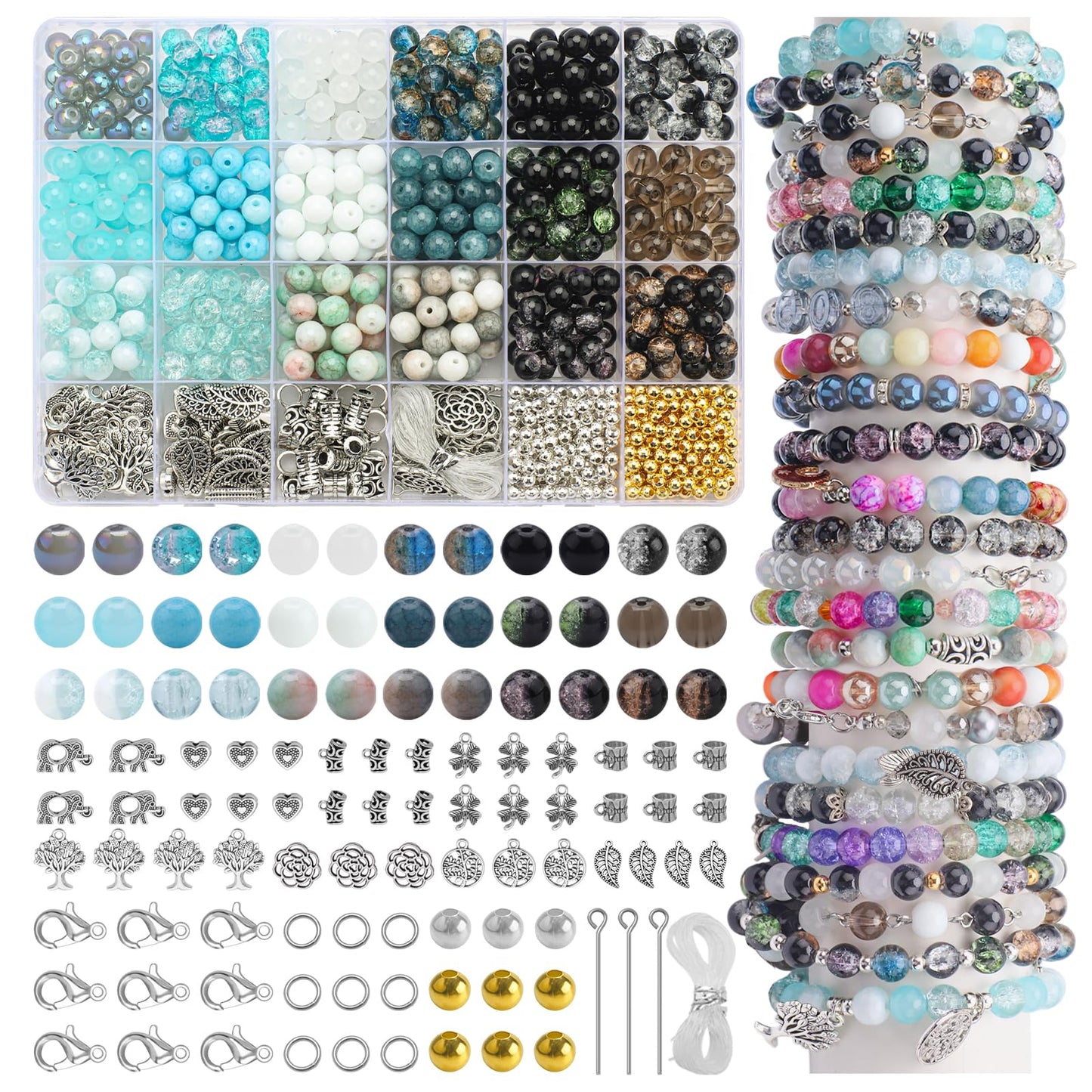 KINGSHINE 8mm 18 Colors Glass Beads for Jewelry Making, 810pcs Charm Bracelet Making Kit - Crystal/Crackle/Stone/Gold & Silver Pendant Spacer Beads for Adults Bracelets Necklace Earring DIY Supplies