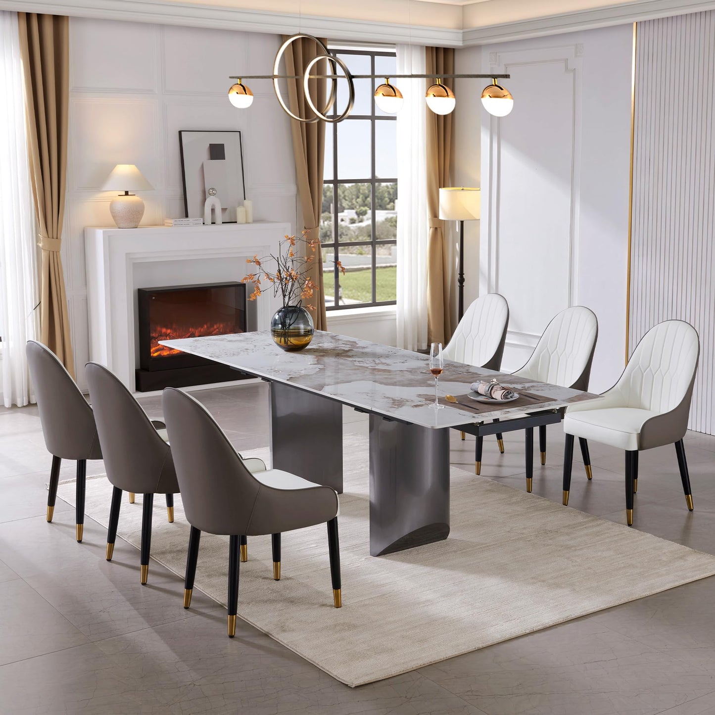 Extendable Dining Table Set for 4-10, Modern Dining Room Table with Black Carbon Steel Base, Rectangular Sintered Stone Top Dinner Table, 63''-94.4'' Folding Kitchen Table (Dining Table Only)