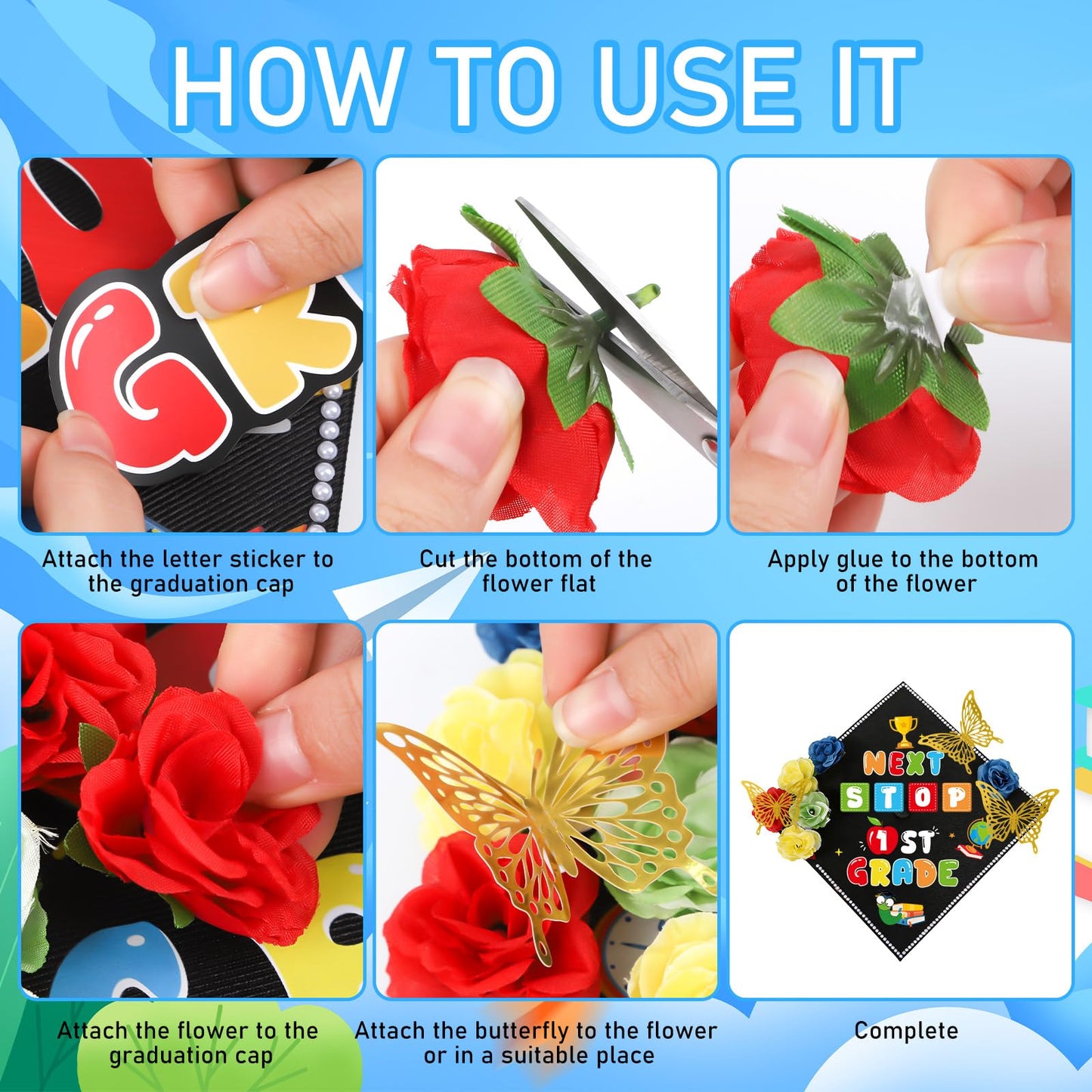 cosmisun Kindergarten Graduation Cap Decorations - 28 Pcs DIY Grad Cap Decorations Kit, Faux Flowers 3D Butterfly Rhinestones Pearl Stickers for Hat Topper Crafts Gift, 2026 Graduation Party Supplies
