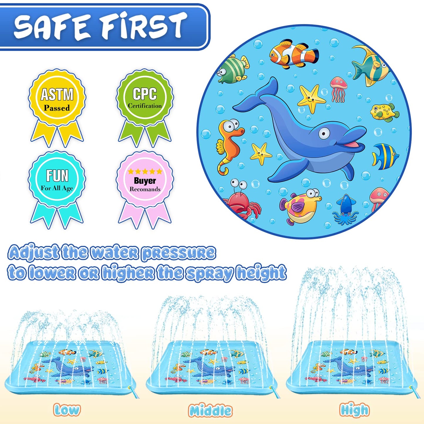 Growsland Splash Pad for Toddlers, Outdoor Sprinkler for Kids, 67" Summer Water Toys Inflatable Wading Baby Pool Fun Gifts for 3 4 5 6 7 8 9 Years Old Boy Girl Backyard Garden Lawn Outdoor Games