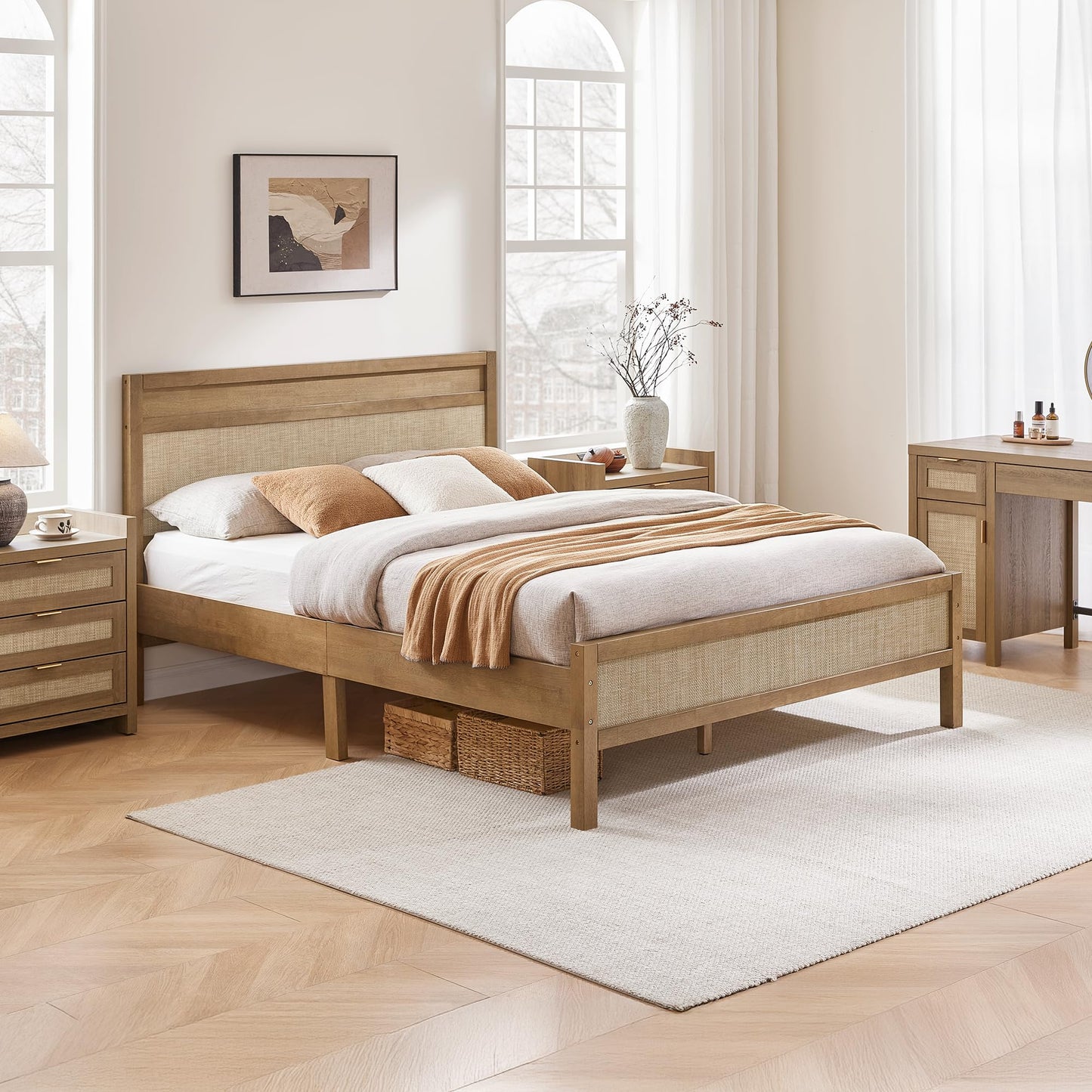 SICOTAS Rattan Queen Bed Frame with Tall Headboard, 15 Inch Natural Solid Wood Platform Bed Boho Bedframe with Wooden Slats Support & Under Bed Storage, Noise Free, Easy Assembly, Oak
