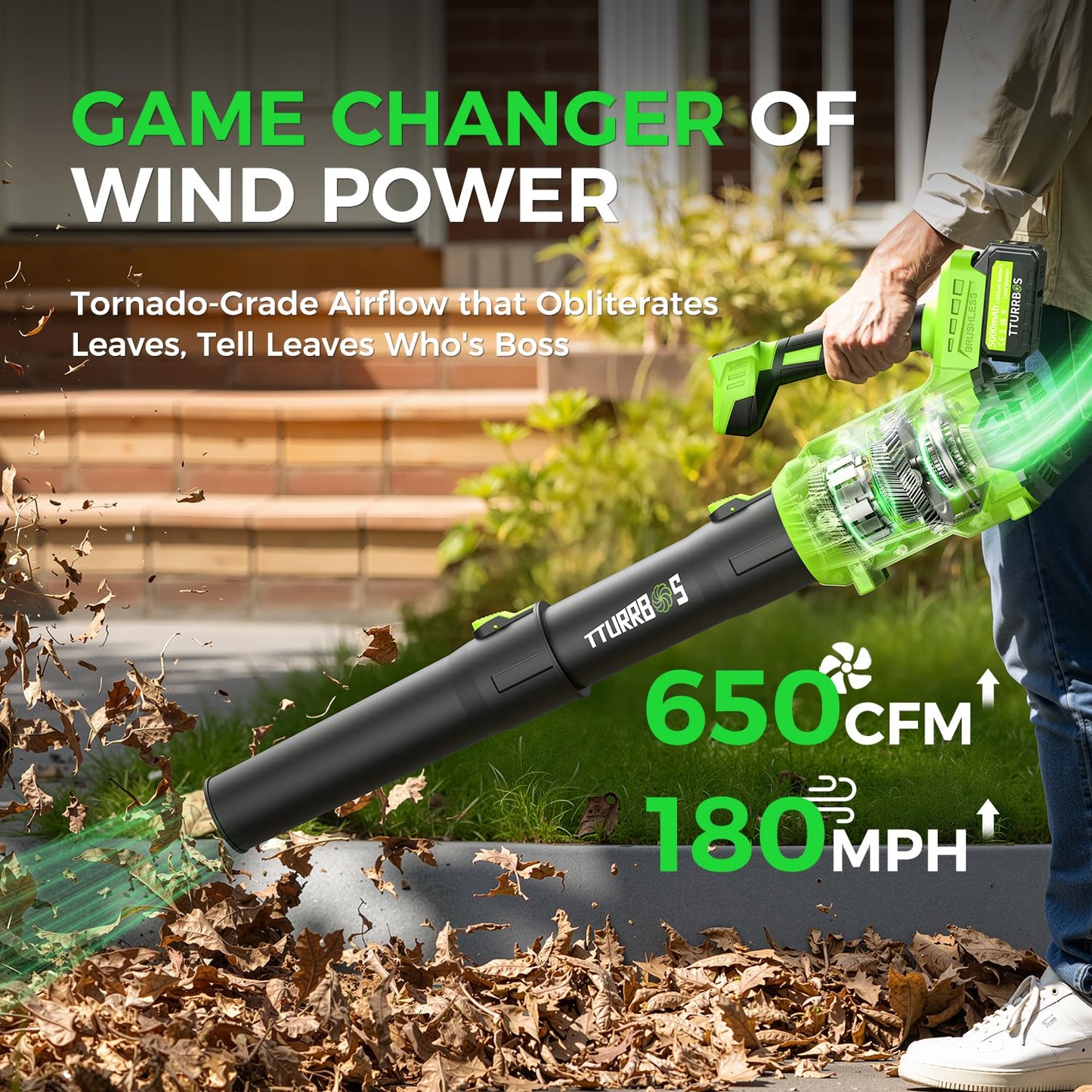 Leaf Blower Cordless, 650CFM Electric Leaf Blower with 2 x 5.0Ah Batteries and Charger, 6-Speed Modes, Brushless Motor, Powerful Blowers for Lawn Care, Yard, Patio, Dust, Blowing Leaves