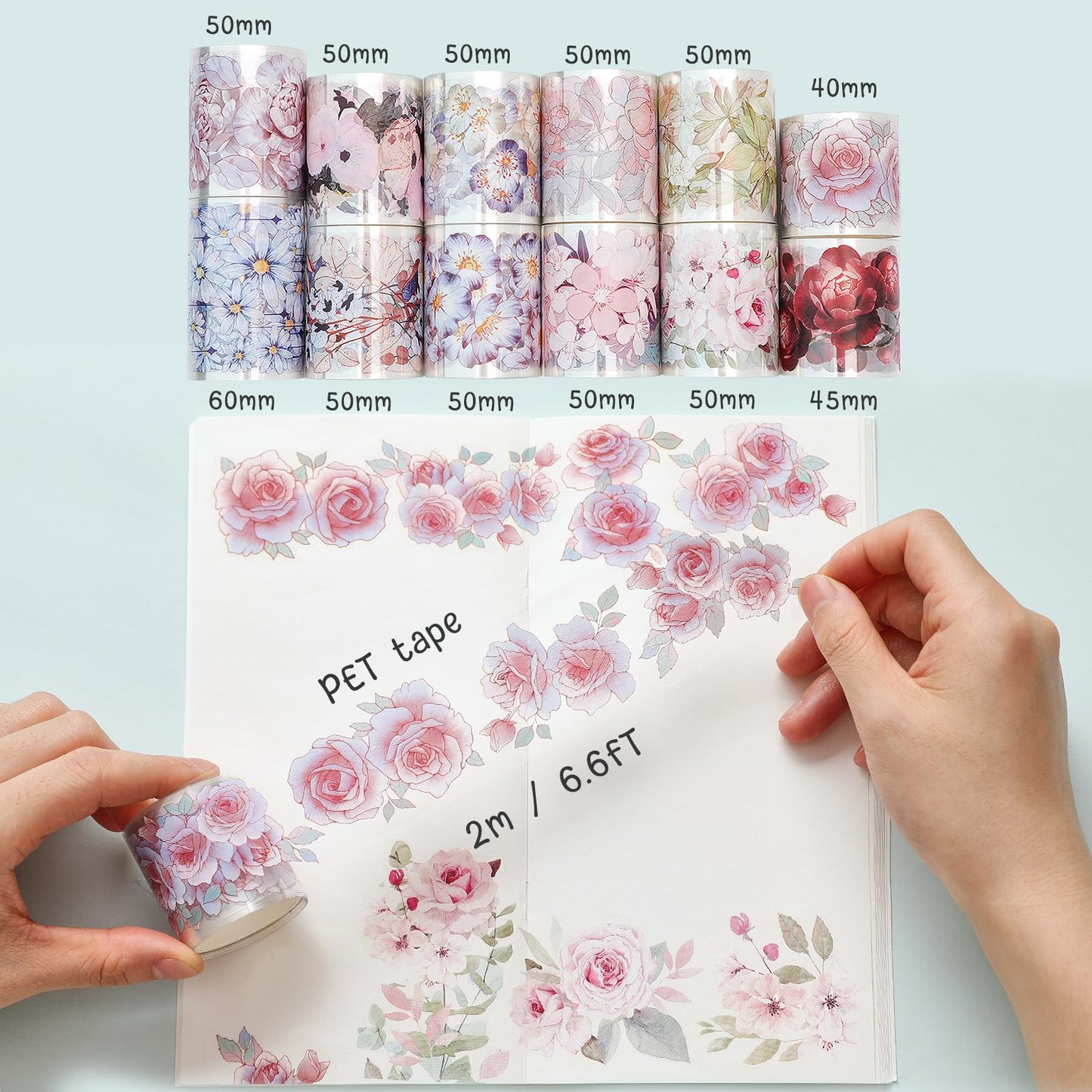 Cratey Floral Washi Tape Set - 12 PET & Washi Tapes for Journaling Stickers, Scrapbooking Supplies, Planner, Bullet Journals,Arts & Crafts. Use as Stickers