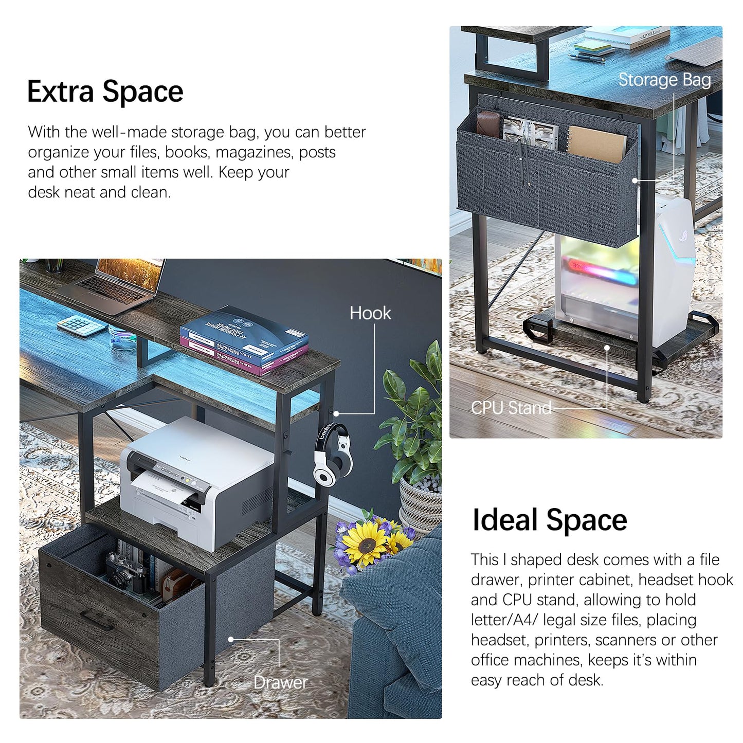 Hyomdeck L Shaped Desk with Power Outlet and LED Strip, Reversible L Shaped Computer Desk with File Drawer, Corner Desk for Gaming Writing, Home Office Desk with Monitor Shelf, Black Oak
