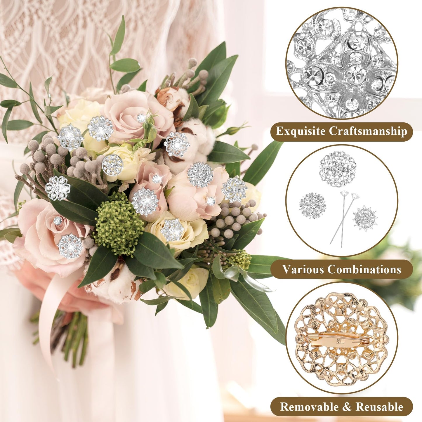 AOZUO 136 Pcs Clear Crystal Brooches for Women, Crystal Flower Brooch Pins with Rhinestones Bulk Brooches Jewelry Rhinestone Embellishments for DIY Jewelry Crafting Sewing Wedding Hair Decoration
