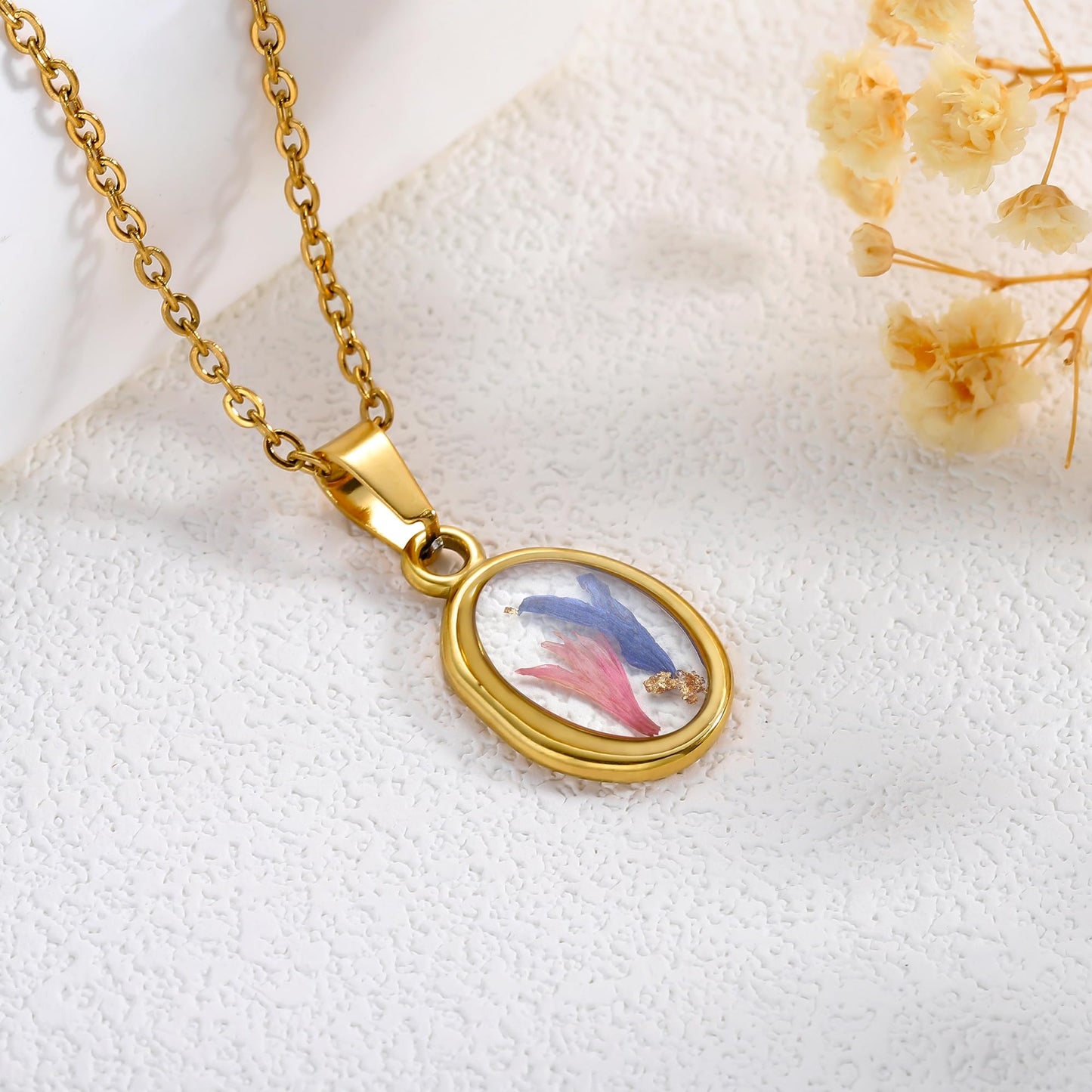 LETFLY Birth Flower Necklaces for Women, 18K Gold Plated Oval Shaped Handmade Floral Pendant, Pressed Flower Necklace Jewelry Gifts Joy