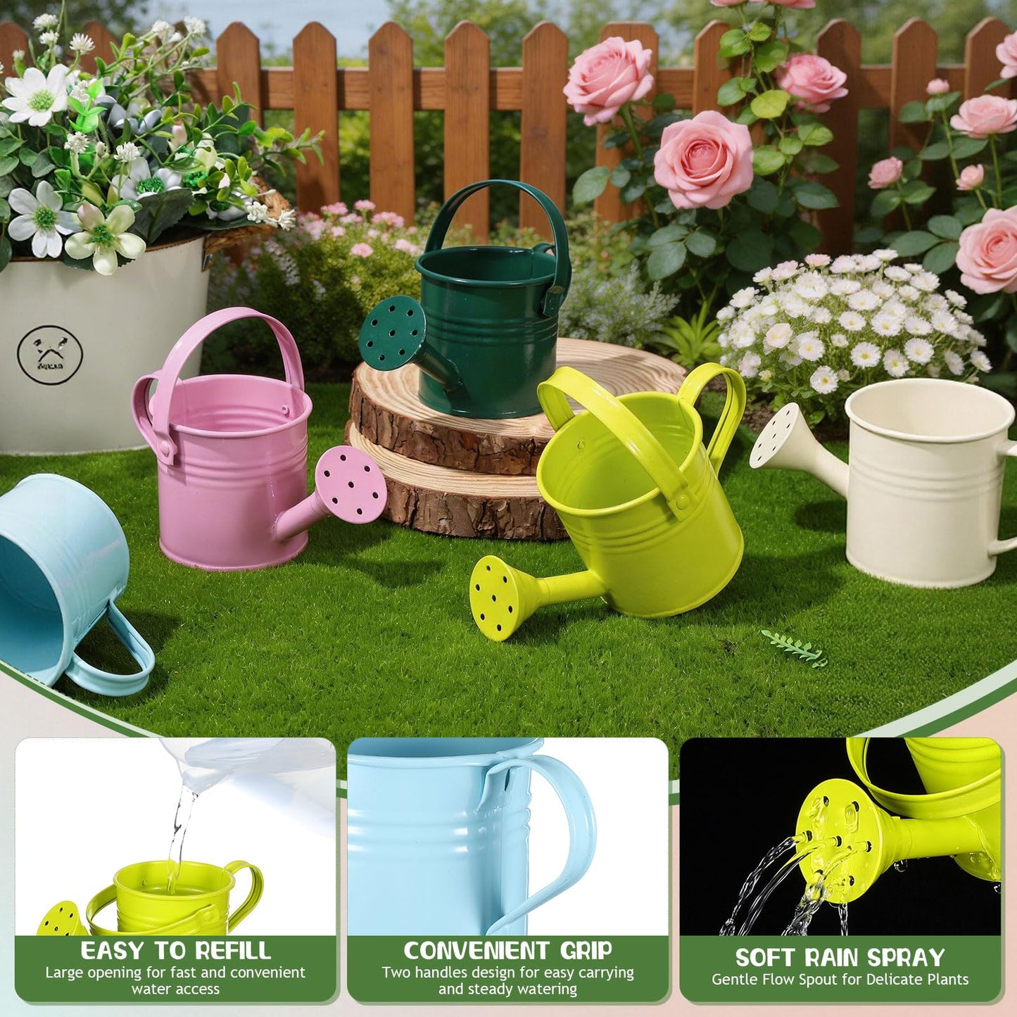 DOITOOL Kids Metal Watering Can for Gardening, 5Pcs Small Iron Watering Can Garden Watering Bucket for Gardening Plants Flowers (Mixed Color)