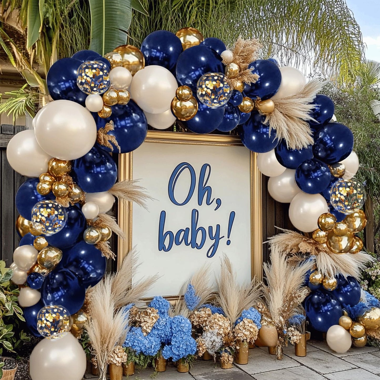 Navy Blue Gold Balloon Graland Arch Kit, Double Stuffed Pearl White Royal Blue Chrome Gold with Confetti Balloons for New Year Graduation Birthday Wedding Party Decorations