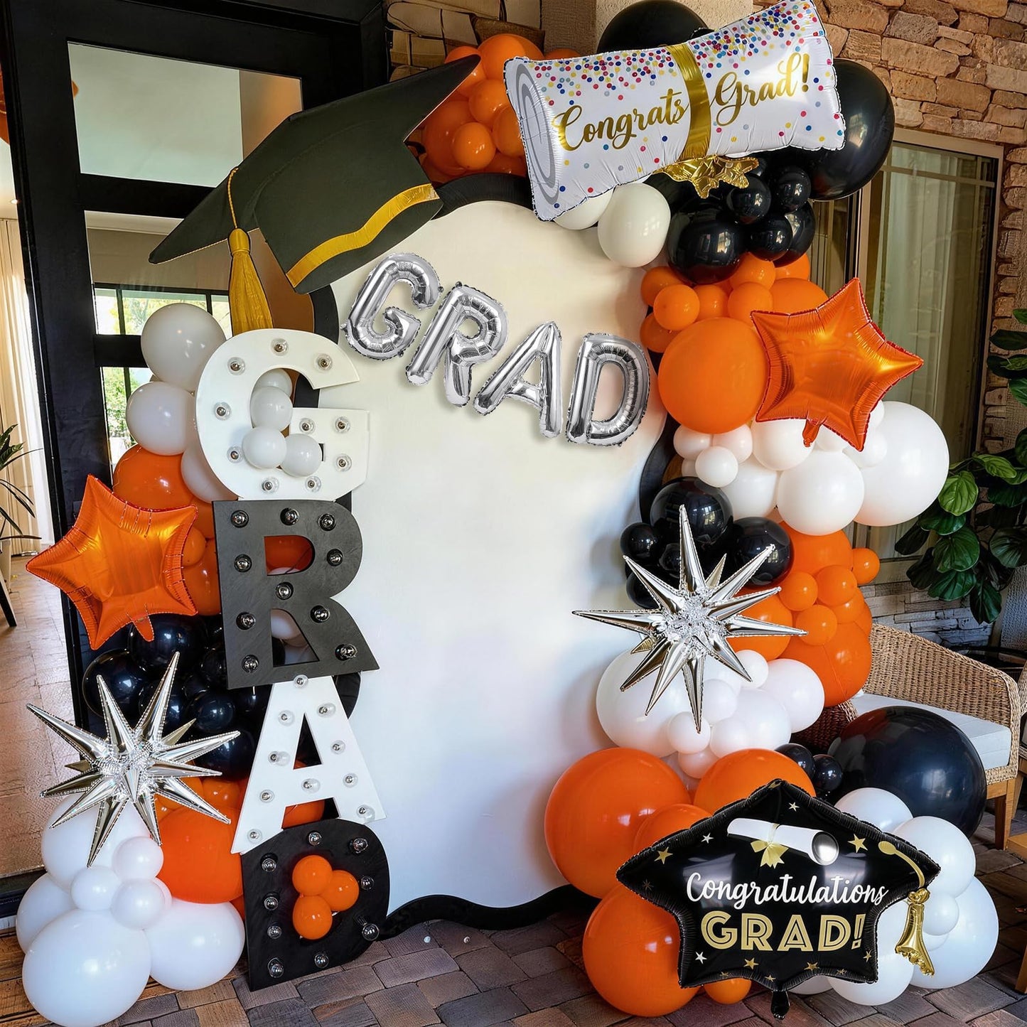 Orange Graduation Balloons Garland Arch Kit, 117PC Orange Black White Graduation Star Print Certificate Grad Foil Balloon with Silver Explosion Star Balloon for Graduate Class of 2026 Prom Party Decor