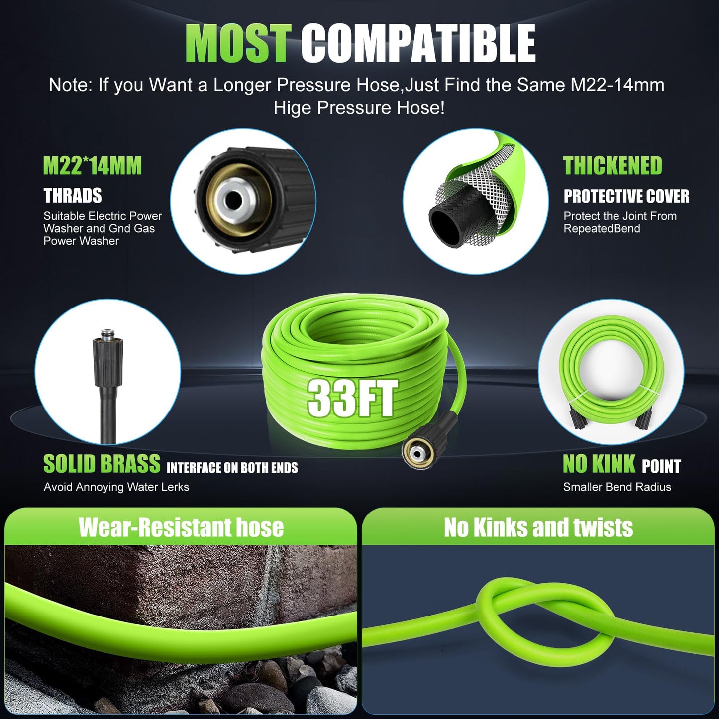 Imdot Adjustable Electric Pressure Washer with 33FT Flexible Extension Hose + 34FT Power Cord, 4 Nozzles, Foam Cannon, Best Power Washer for Cars, Patios, Driveways, Green