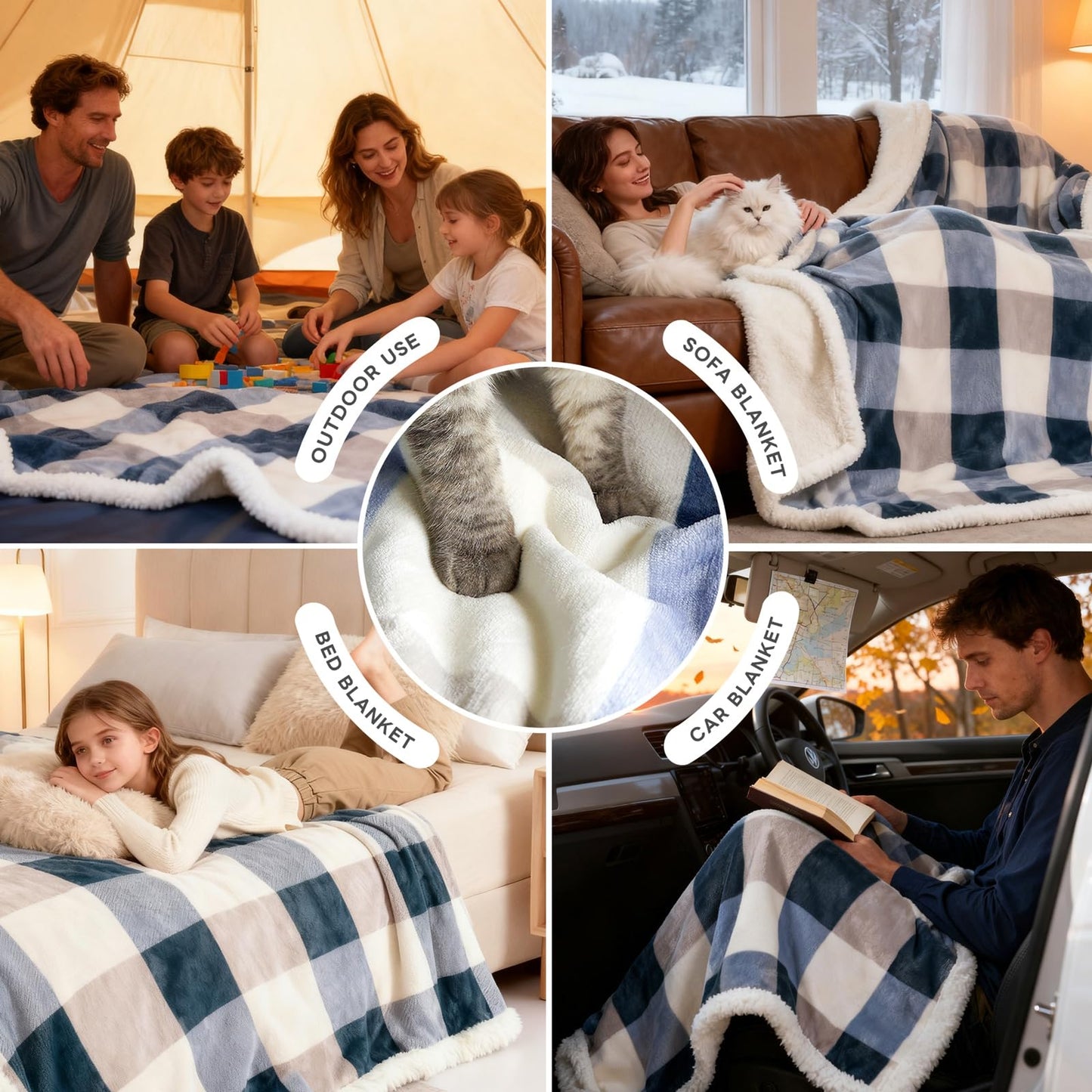 PU MEI Sherpa Fleece Throw Blanket 60" x 80" Reversible Plush Fluffy Large Big Blanket Lattice Flannel Blankets for Sofa Couch Bed (Grey-Soft Blue, 60"*80")