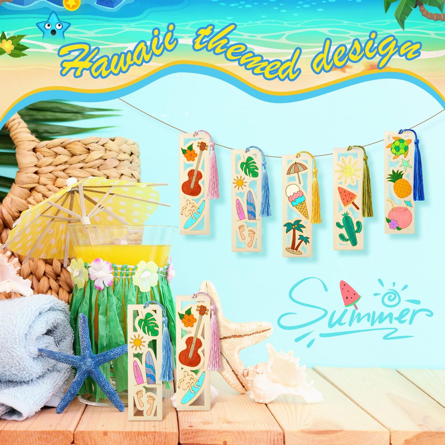 Yexiya 100 Pcs Bulk DIY Wooden Bookmarks Kit - 50 Set Tropical Hawaii Unfinished Wood Crafts with 50 Colorful Tassels for Classroom Rewards, Student Gifts, Summer Camp, Luau Party Favors, Art Projects