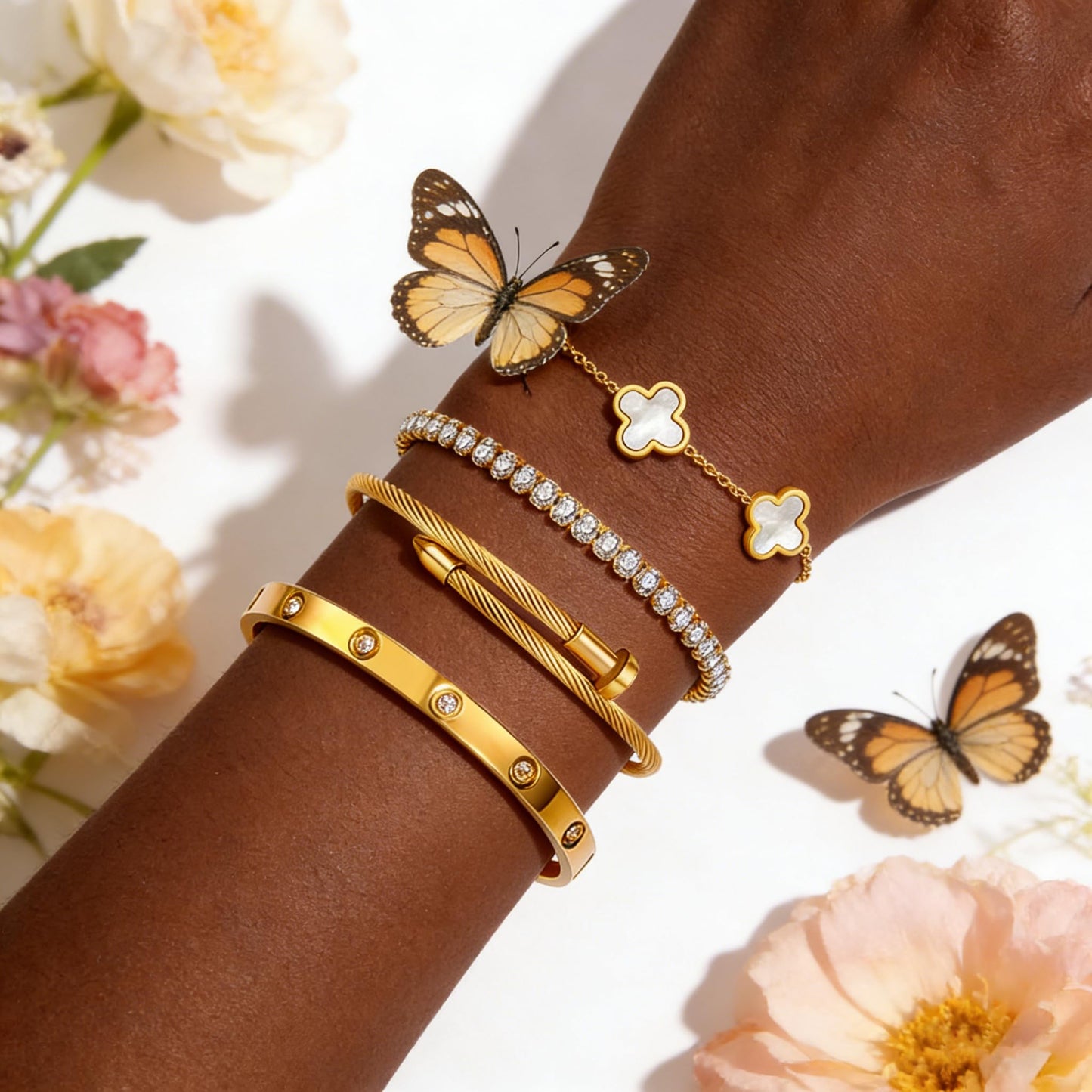 Gold Bracelets for Women, 18K Gold Plated Women Tennis Bracelets Clover Nail Love Bangle Bracelet Set, Gold Bracelet Stackable Set Trendy Jewelry, Gifts for Women's Day and Mother's Day (09-Color- 4 White)