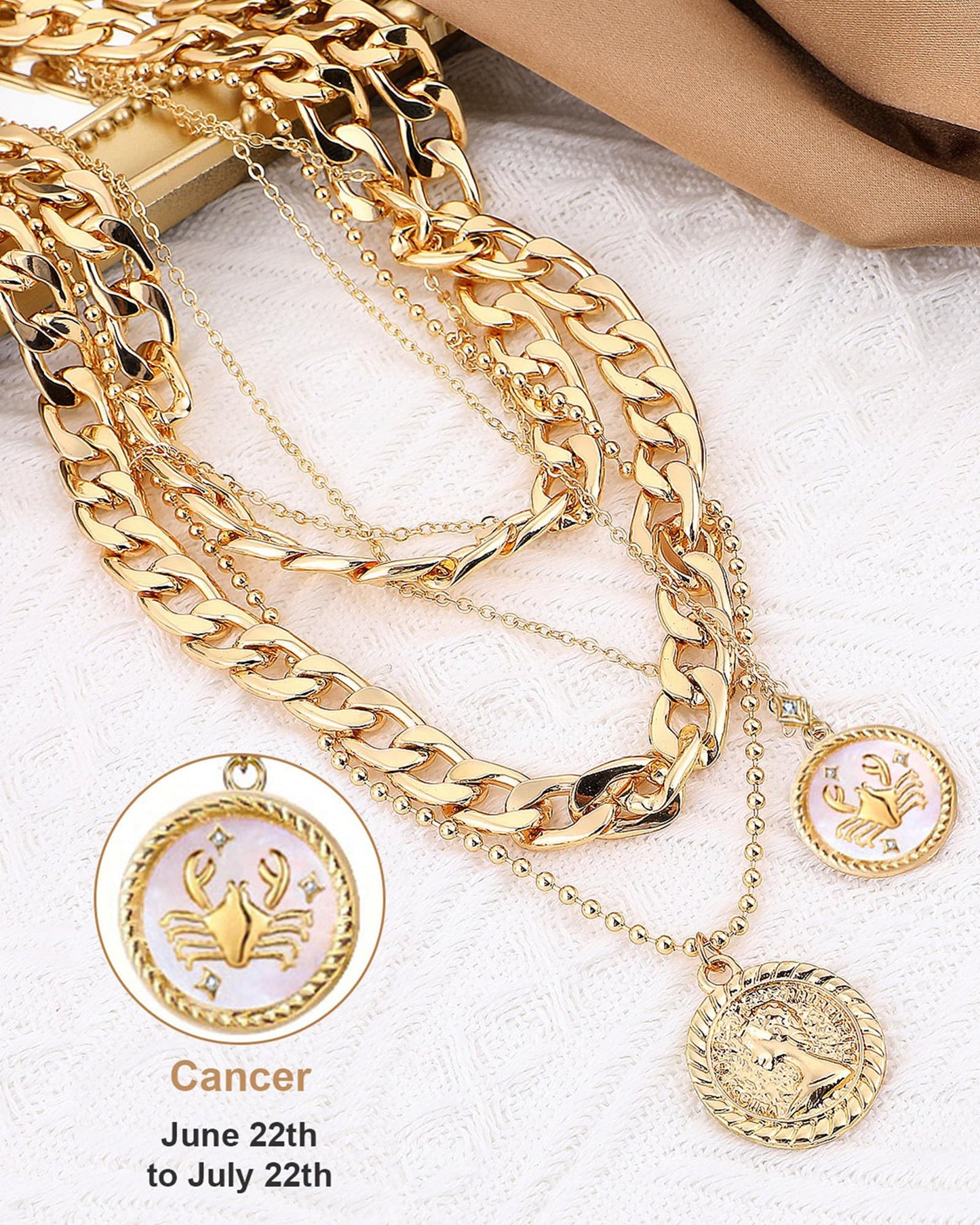 MJartoria Gold Layered Necklaces for Women Trendy Retro Coin Pendant Necklace Dainty Chunky Chain Choker Necklaces for Jewelry Birthday Gifts (Gold, Zodiac-Cancer-3PCS Layered)
