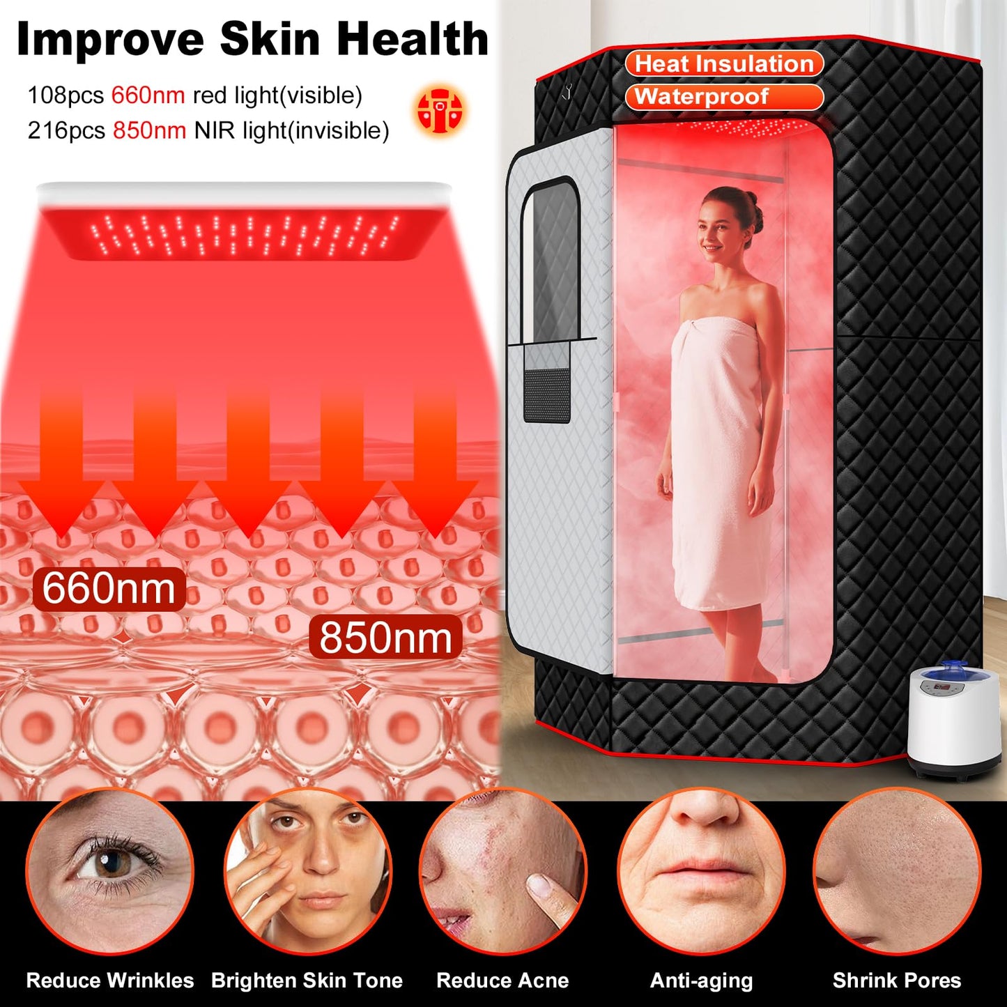 XL Infrared Sauna Box with True 660 & 850nm Red Light Therapy Lamp, Portable Red Light Sauna for Home, Full Body Steam Tent with 3L 1200w Steamer, 15 Levels Heat, Chair, Remote