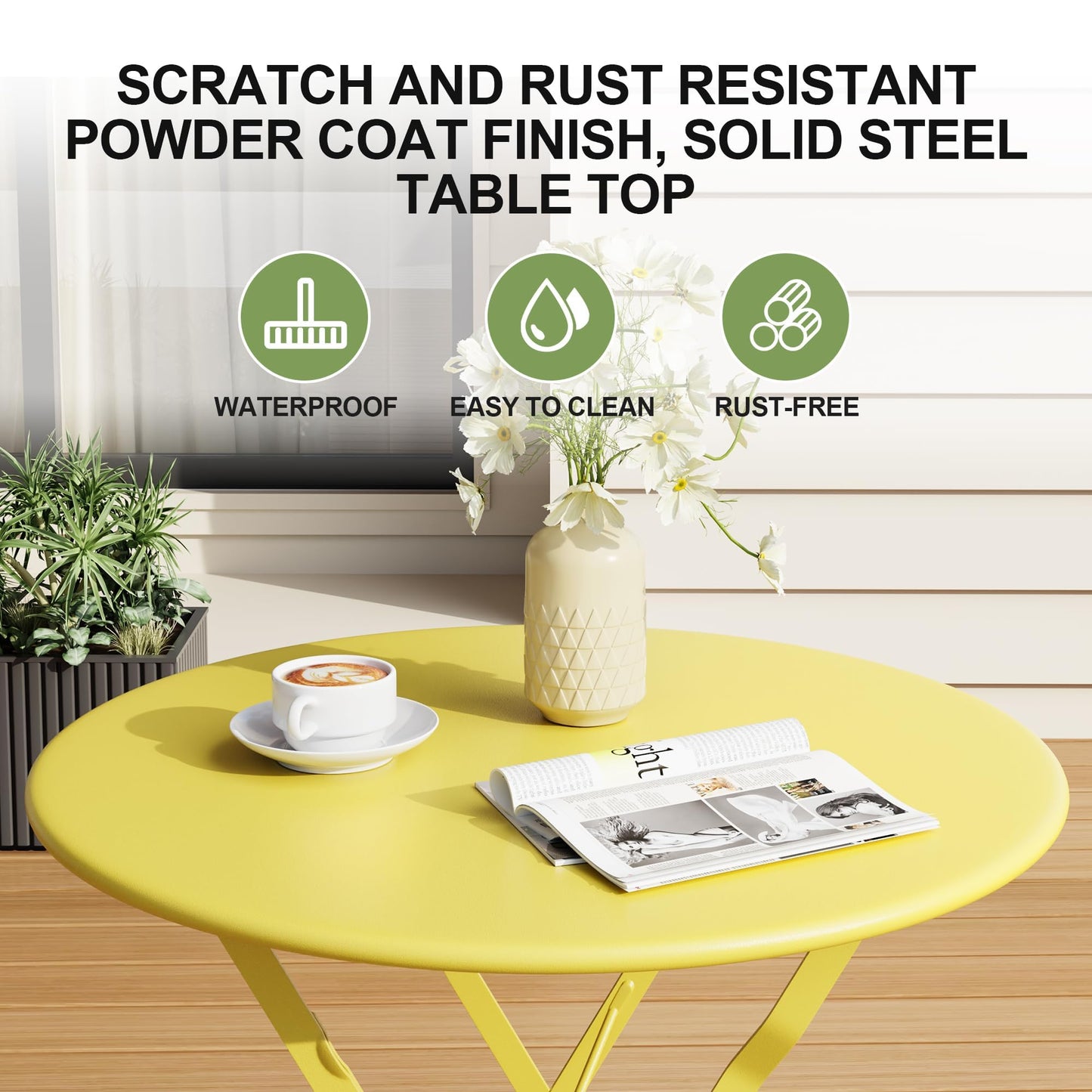 3-Piece Folding Bistro Set, Outdoor Patio Furniture Set with 2 Chairs & 1 Table, Space-Saving Foldable Balcony Garden Set with Heavy-Duty Powder-Coated Steel Frame, No Assembly Required, Yellow