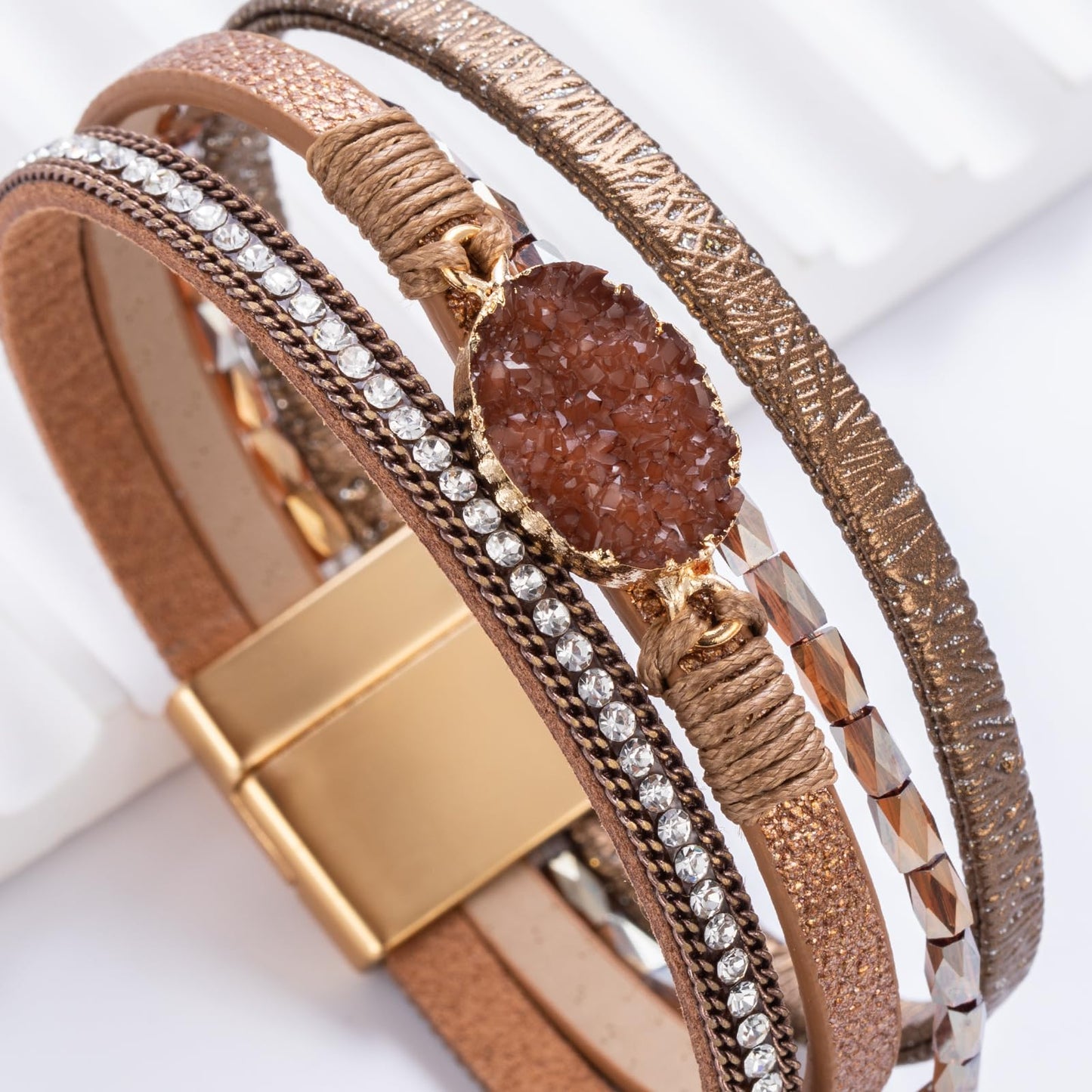 FANCY SHINY Boho Leather Wrap Bracelet Stackable Chunky Crystal Cuff Bracelets with Magnetic Clasp Cowboy Cowgirl Western Summer Beach Outfits Jewelry Gifts for Women (7.7", Brown)