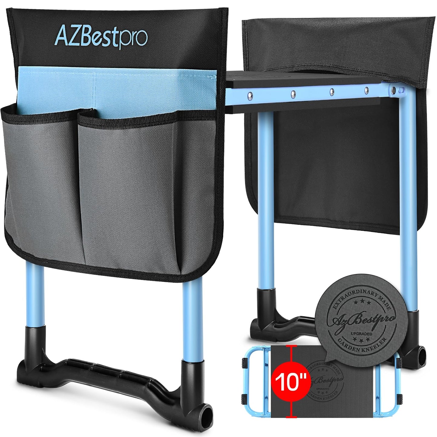 AZBESTPRO Garden Kneeler and Seat, Upgraded Foldable Heavy Duty Gardening Stool - Widened to 10" Stable Wear-Resistant Prevent Knee and Back Pain, Bench High-End 2 Large Tool Bags Gift for Men Women