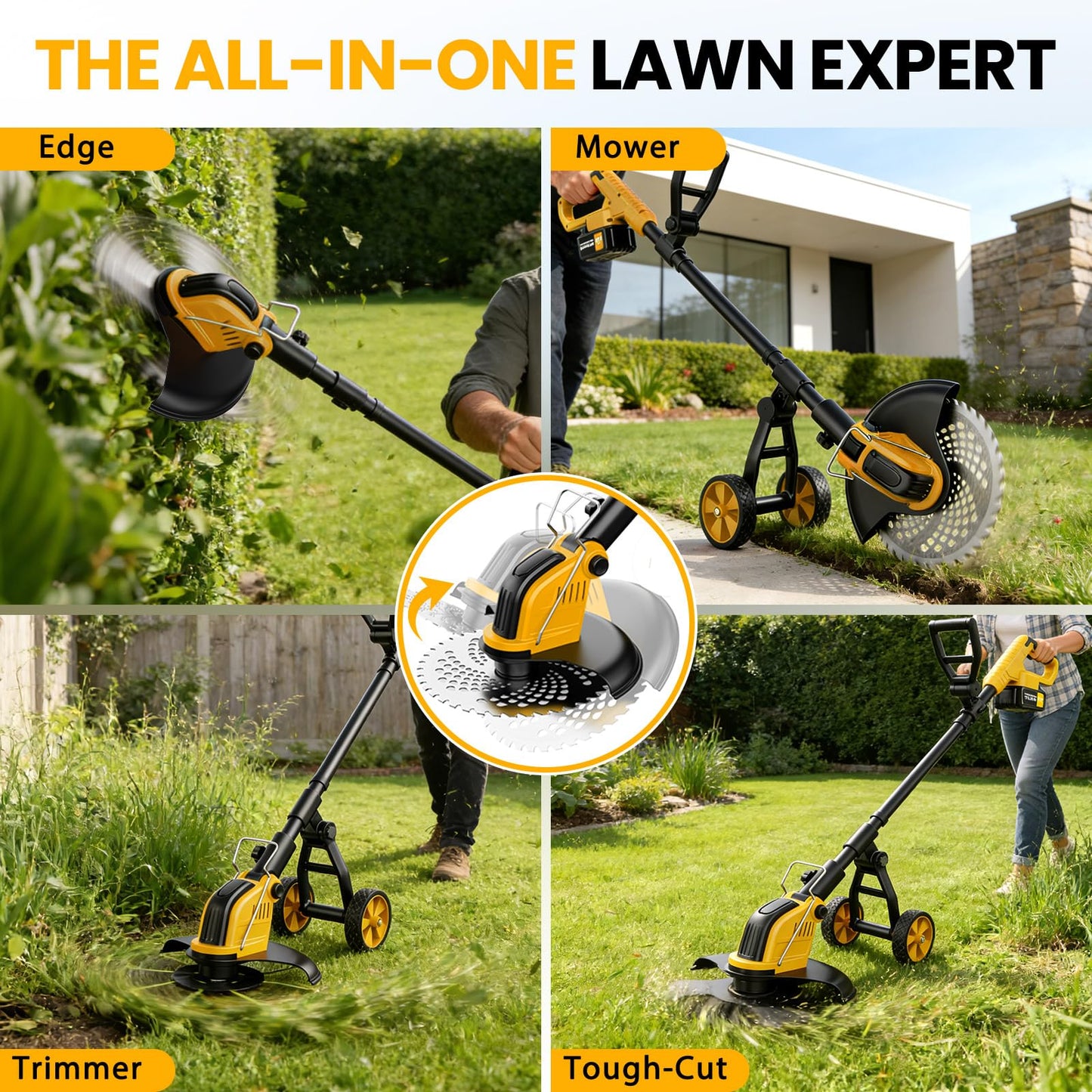 21V 800W Brushless Cordless Weed Wacker, 12 Inch Electric Weed Eater with Wheels, 2×3000mAh Batteries Included & 4 Cutting Blades for Lawn Garden Yard Maintenance
