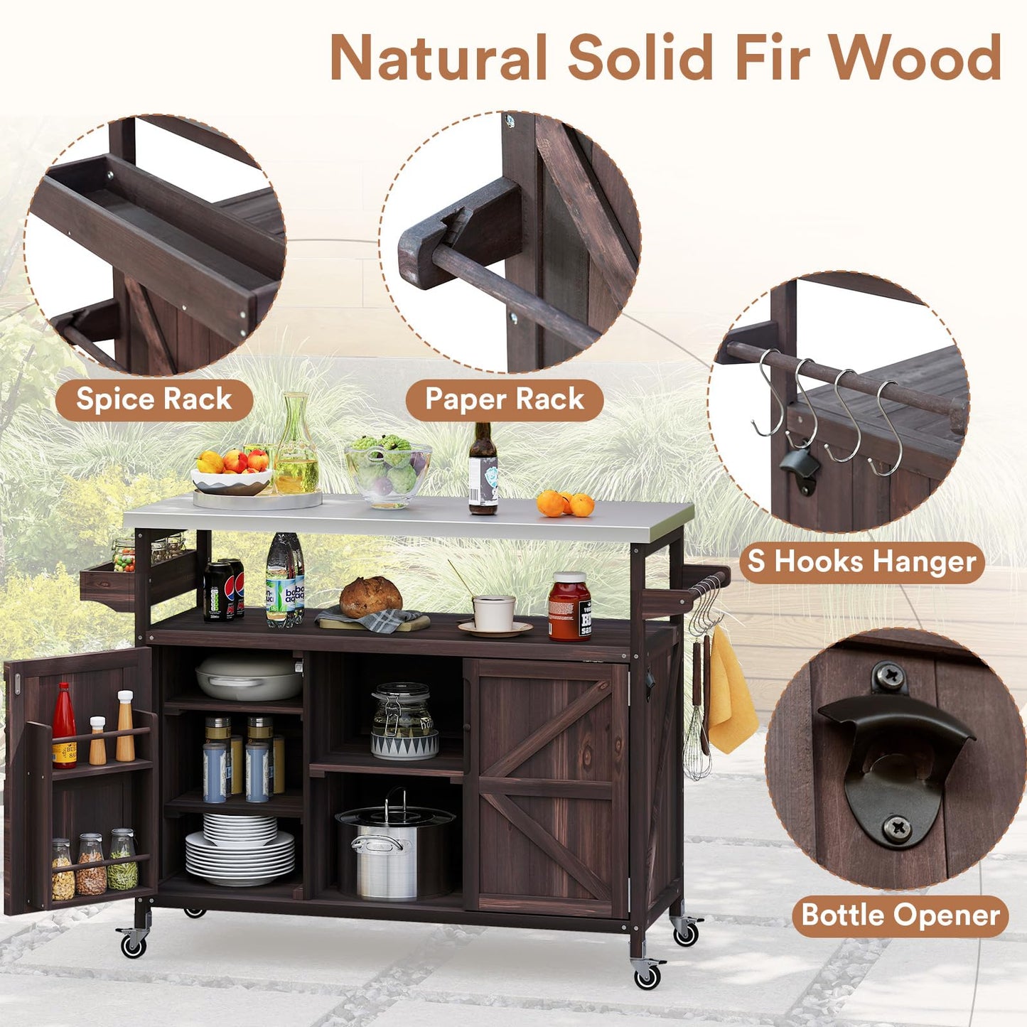 Zevemomo Outdoor Grill Cart with Storage, Stainless Steel Tabletop Outdoor Kitchen Island, Fir Wood Outdoor Buffet Cabinet with Lockable Wheels for Grilling, Dark Brown