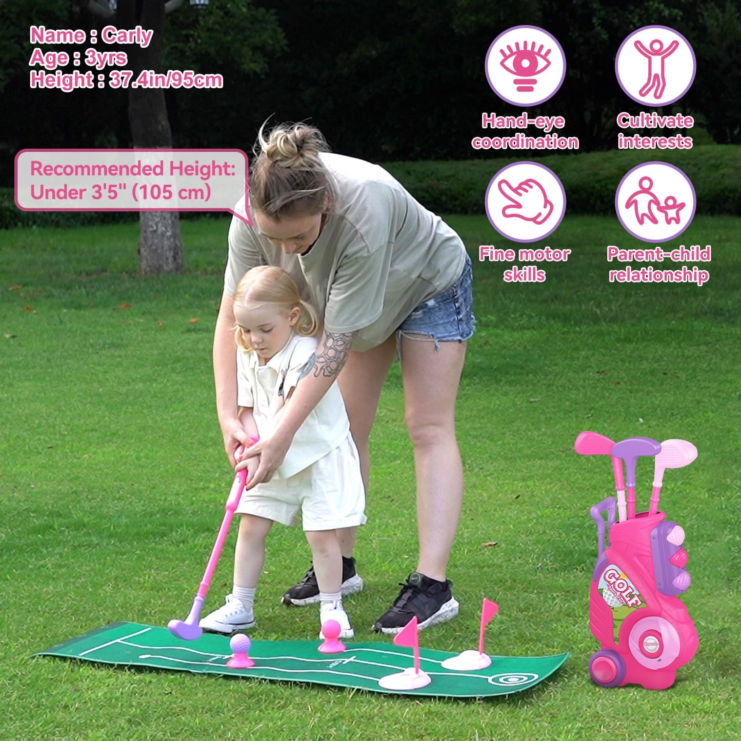 Liberry Toddler Golf Set for 2 3 4 Years Old Girls Boys, Upgraded Kids Golf Cart with Golf Cornhole Board & Putting Mat, Indoor and Outdoor Golf Toys Birthday Gift, Pink