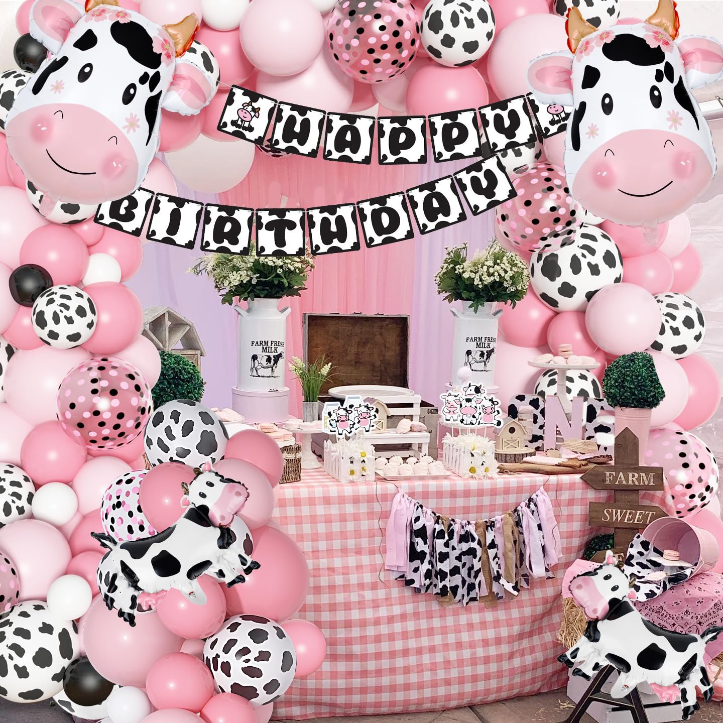 Amandir 115PCS Pink Cow Party Decorations - Balloon Garland Arch Kit with Cow Print Balloons, Happy Birthday Banner, Cake Topper for Girl Baby Shower, Farm Animals Themed Birthday Party Supplies