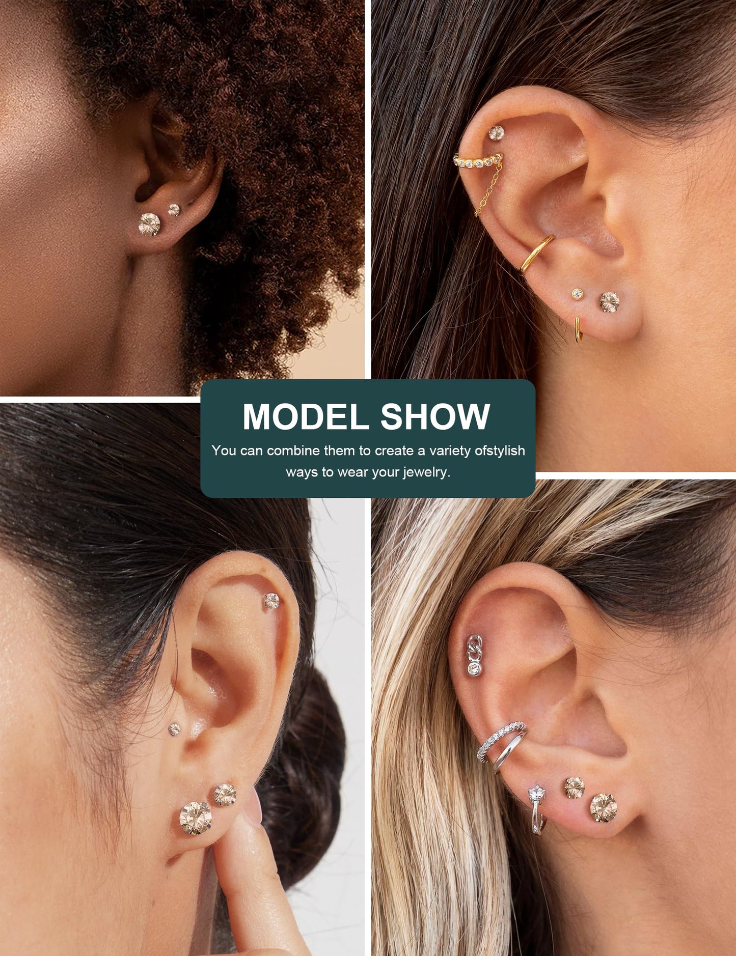 6 Pairs Hypoallergenic Cubic Zirconia Earrings Surgical Steel Flat Back Studs for Cartilage, Screw Back Fashion Jewelry