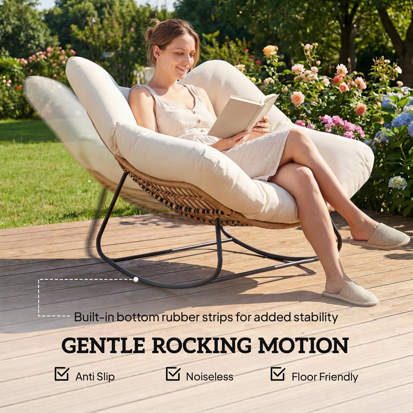 Outsunny Papasan Rocking Chair, Wicker Oversized Indoor Outdoor Rocking Papasan Chair with Cushion, PE Rattan Outdoor Rocker Egg Chairs for Living Room, Garden, Patio, Balcony, Beige