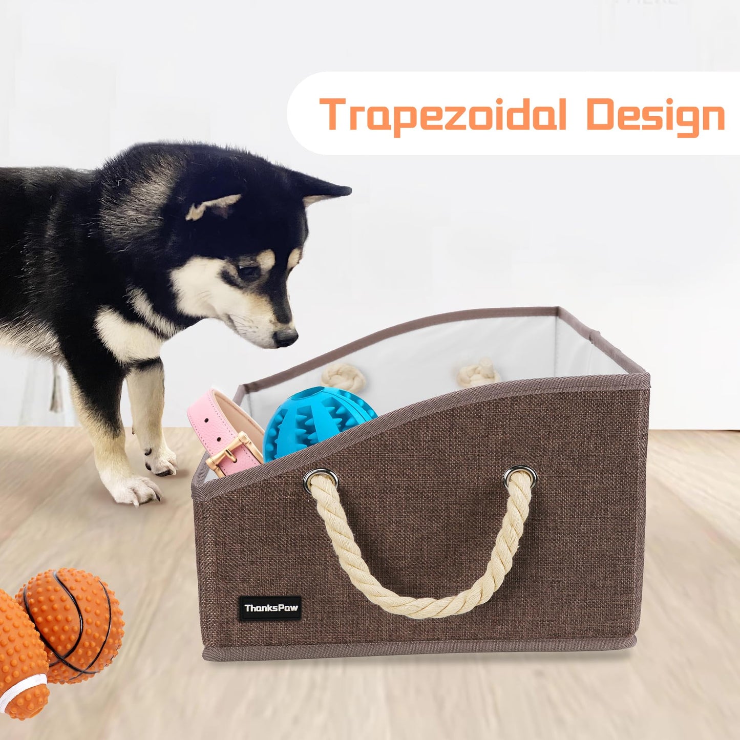 Thankspaw Collapsible Fabric Dog Toy Box and Storage Bin With Handle - Trapezoid Basket Chest Organizer for Pet Toys, Blankets and Accessories,Coffee