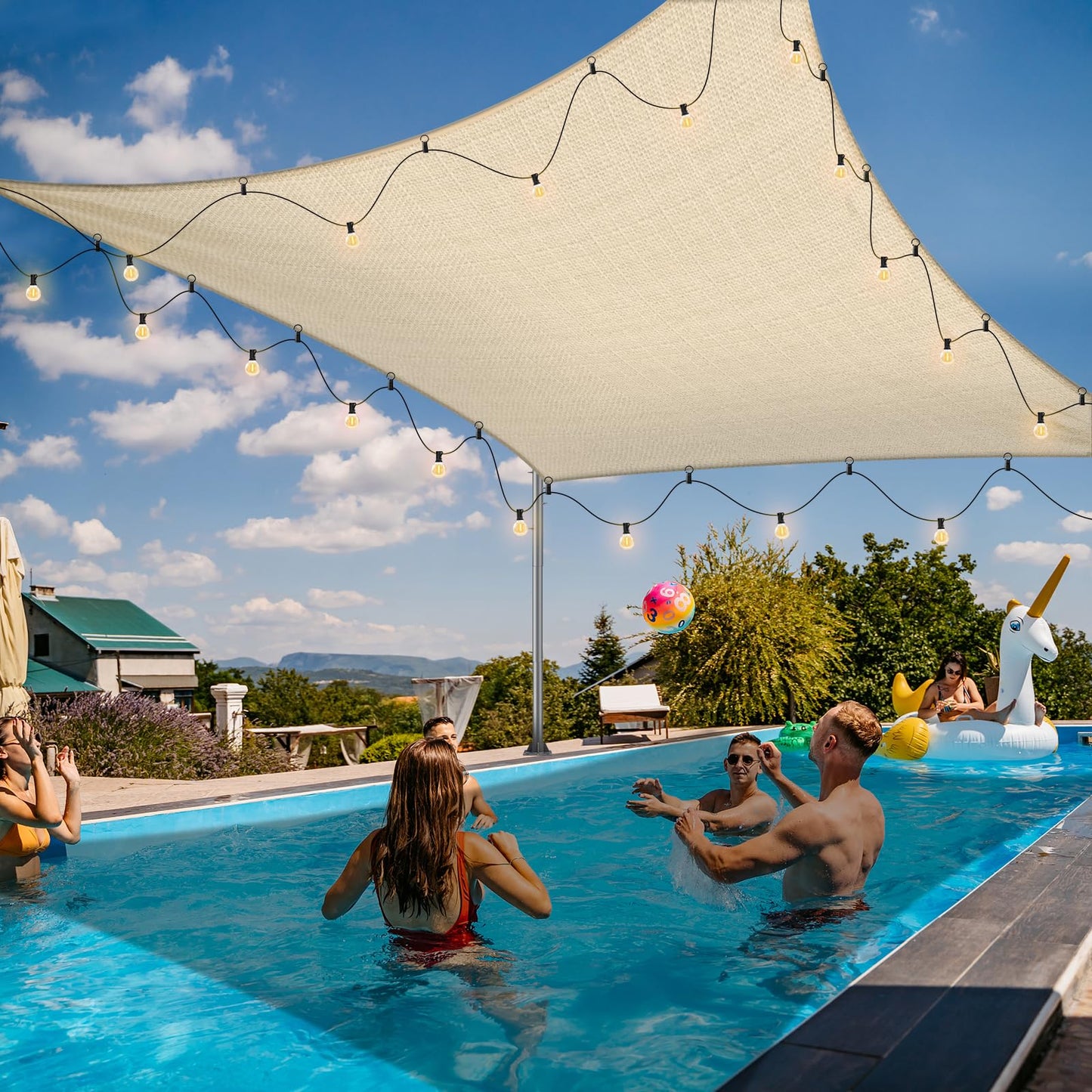 Brillihood Sun Shade Sail with LED G40 String Lights, 8‘ x 12' Rectangle Beige Shade Cloth, 95-98% UV Protection, Ideal for Patio, Garden, Backyard - Easy to Install with Innovative Hooks