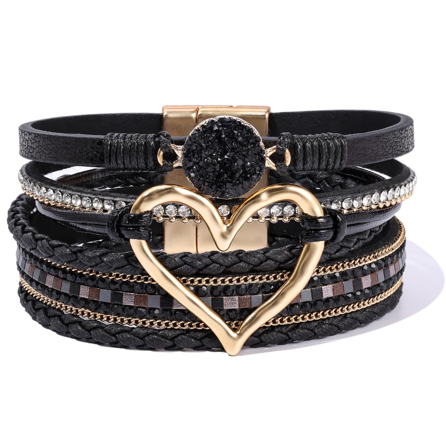 Becklynn Boho Leather Wrap Bracelets Beaded Crystal Stackable Cuff Bracelet with Magnetic Clasp Cowboy Cowgirl County Concert Outfits Western Jewelry Gifts for Women(Heart Black)