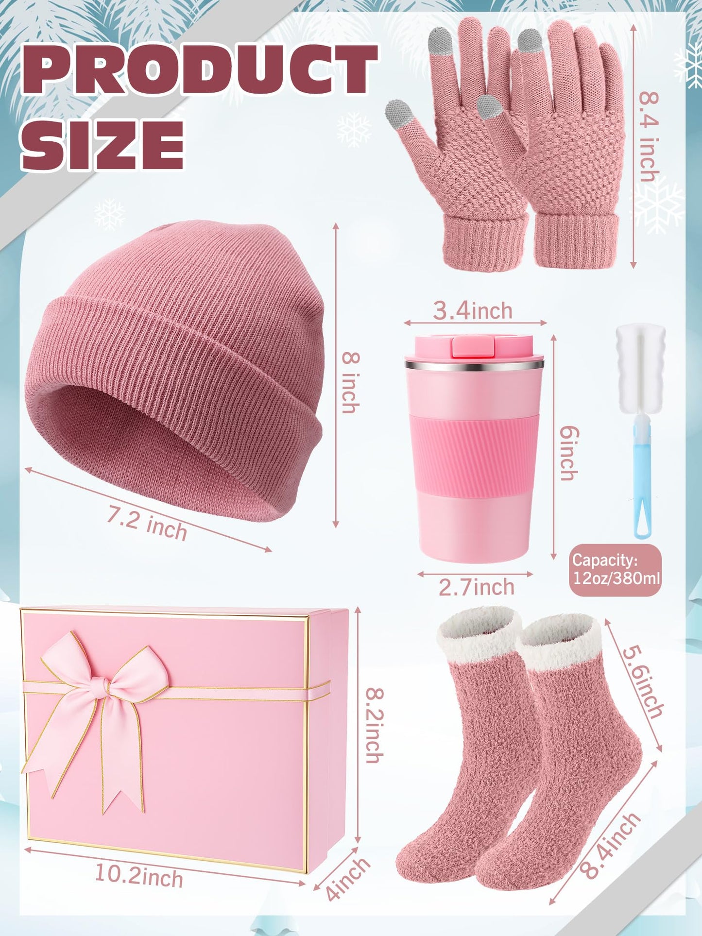 Teenyyou 5 Pcs Winter Gift Set for Woman Hat Gloves Fuzzy Crew Socks 12 oz Coffee Mug Gift Box with Lids Christmas Women Gift(Pink)