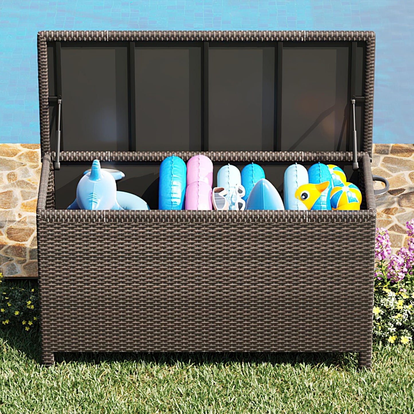 GarveeHome 185 Gallon Wicker Deck Box, All-Weather Outdoor Storage Bin with Rattan Finish, Large Capacity for Patio Furniture, Cushions, Pool Supplies & Garden Tools