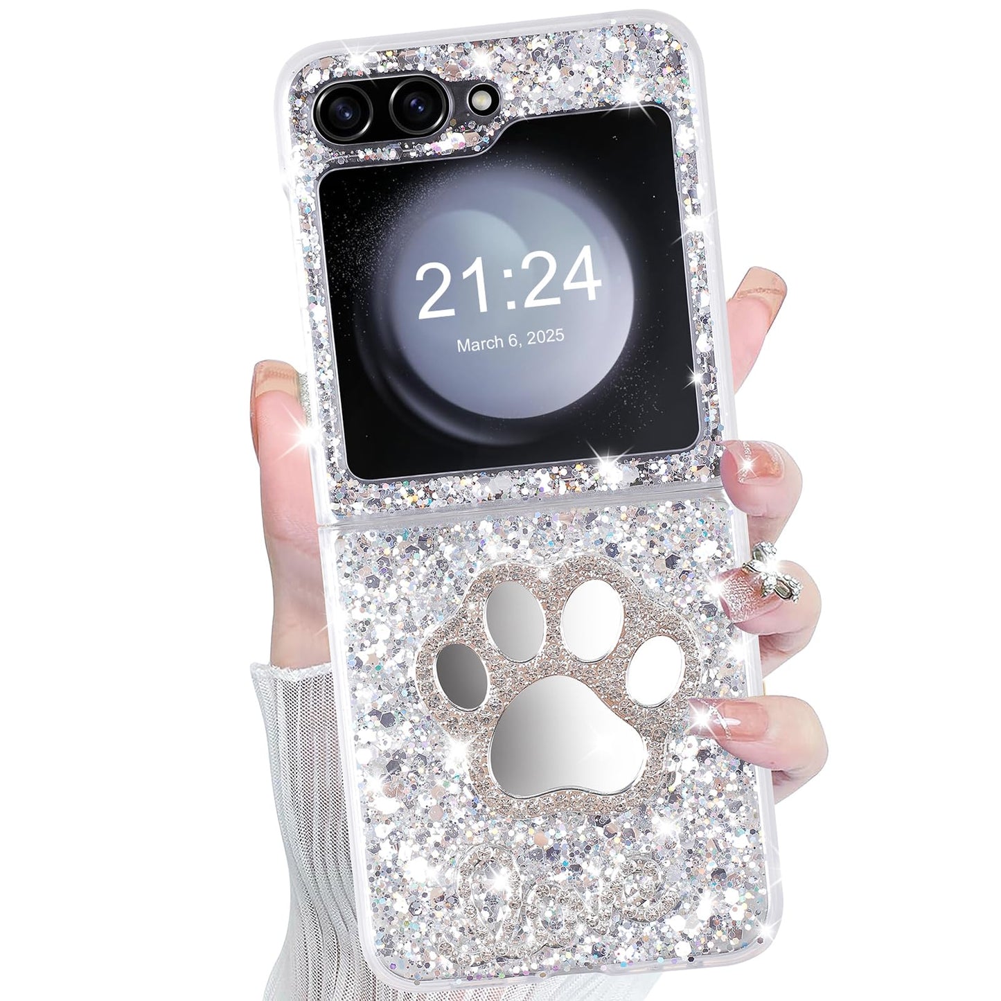 DAKORIE Galaxy Z Flip 5 Case Glitter Love Paw Mirror Flip Protective Cover for Samsung Galaxy Z Flip 5 2023 5G for Women Girl - Paw