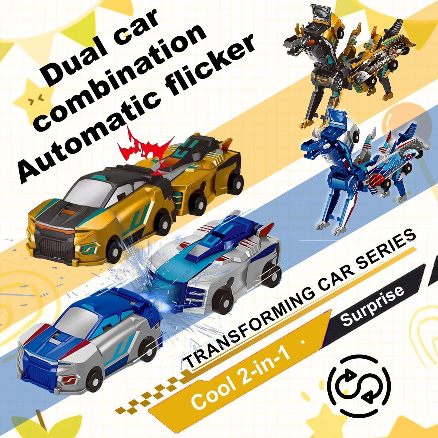 Aimery Collision Transforming Dinosaur Car Toy, 2 Magnetic Cars Convert into Dinosaur Toys,Dino Robot Toy, Boys Toys,Kids Toys, Party Birthday for Kids (Gold Blue)
