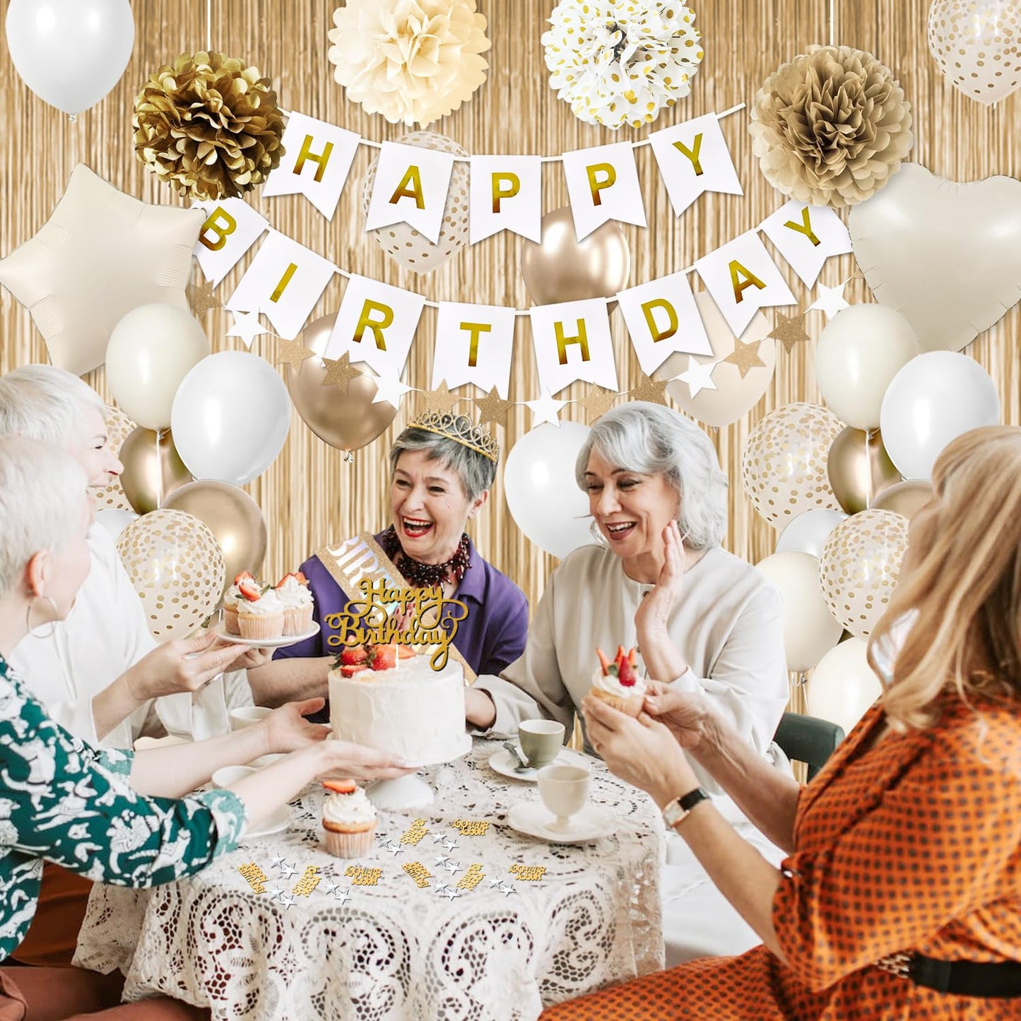 Birthday Decorations for Women, Golden Birthday Party Decorations, White Sand Beige Gold Balloons Tablecloth Birthday Sash Crown Fringe Curtain Butterfly Decor Gold Party Decor for Women Girls Bday