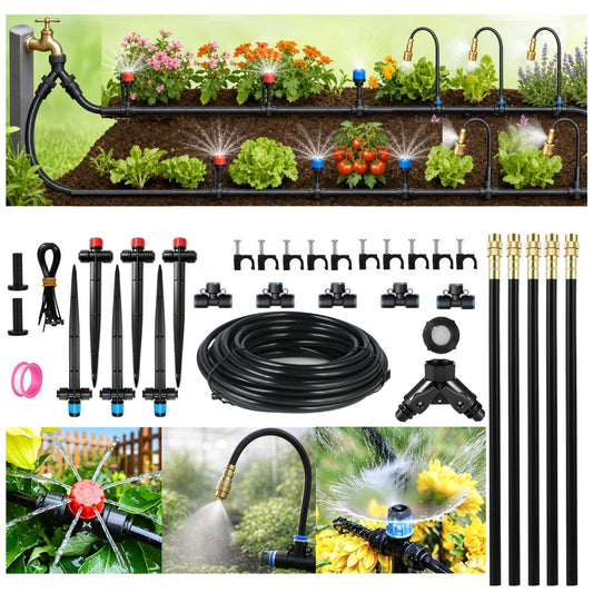 50FT Drip Irrigation System for Starter: Small Garden Quick Connect 1/4" PE Water Tubing Automatic 11Pcs Sprinkler Kit Adjustable Misting Part Watering Hose Outdoor Raised Bed Plants Flower Greenhouse