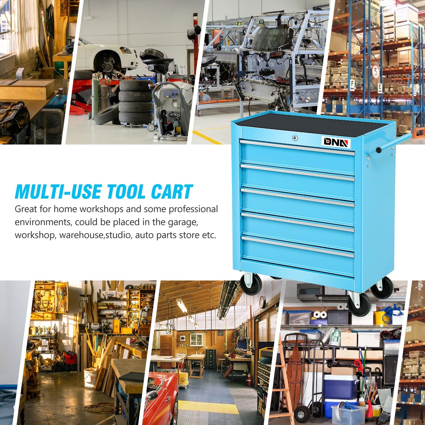 DNA Motoring 5-Drawer Plastic Top Rolling Tool Cabinet with Keyed Locking System,13" D x 24.5" W x 30.3" H, Blue, TOOLS-00485