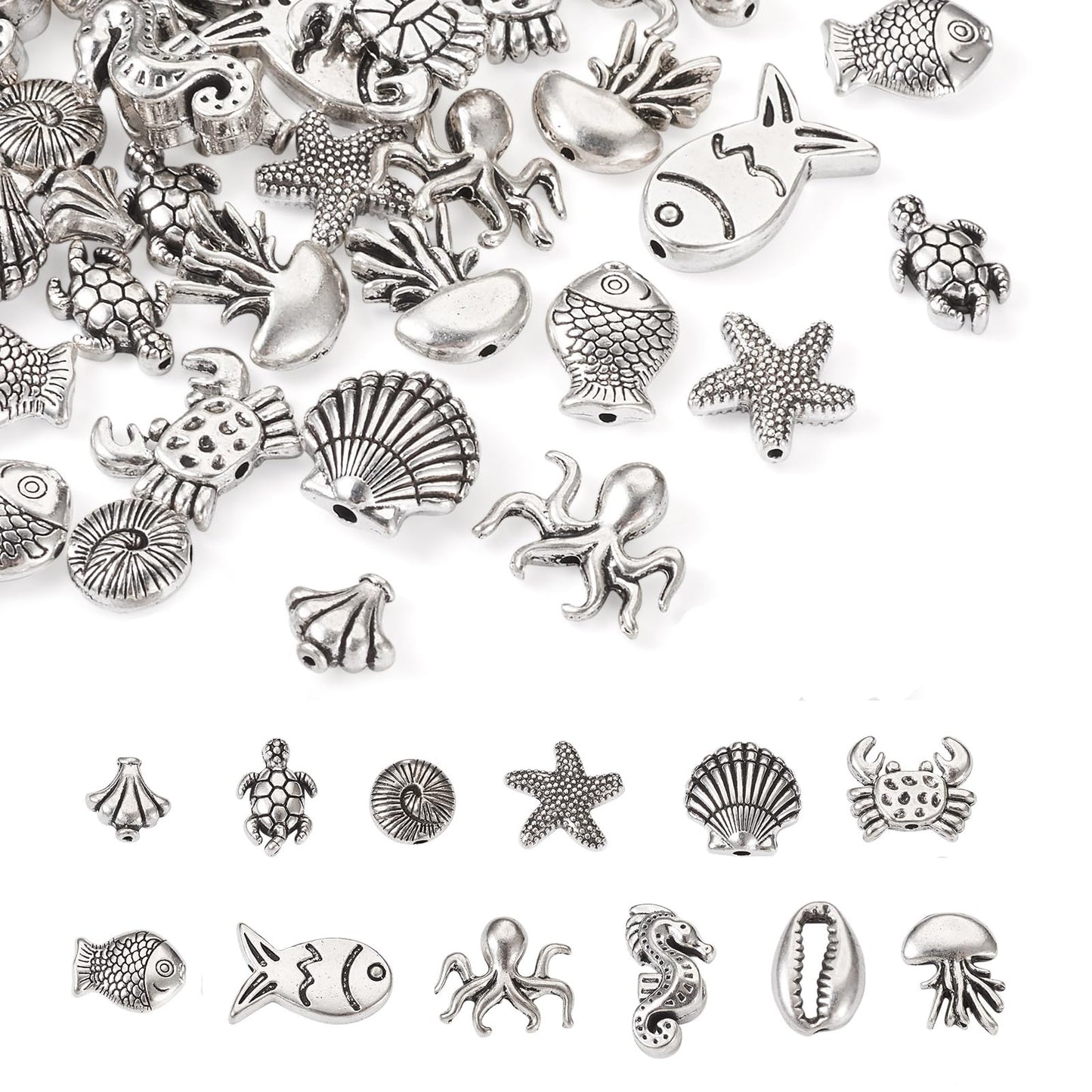 Fashewelry 60pcs Ocean Animal Tibetan Loose Spacer Beads Turtle Shell Fish Antique Silver Sea Life Creatures Alloy Western Beads for Necklace Bracelet Earring Craft Jewelry Making Supplies