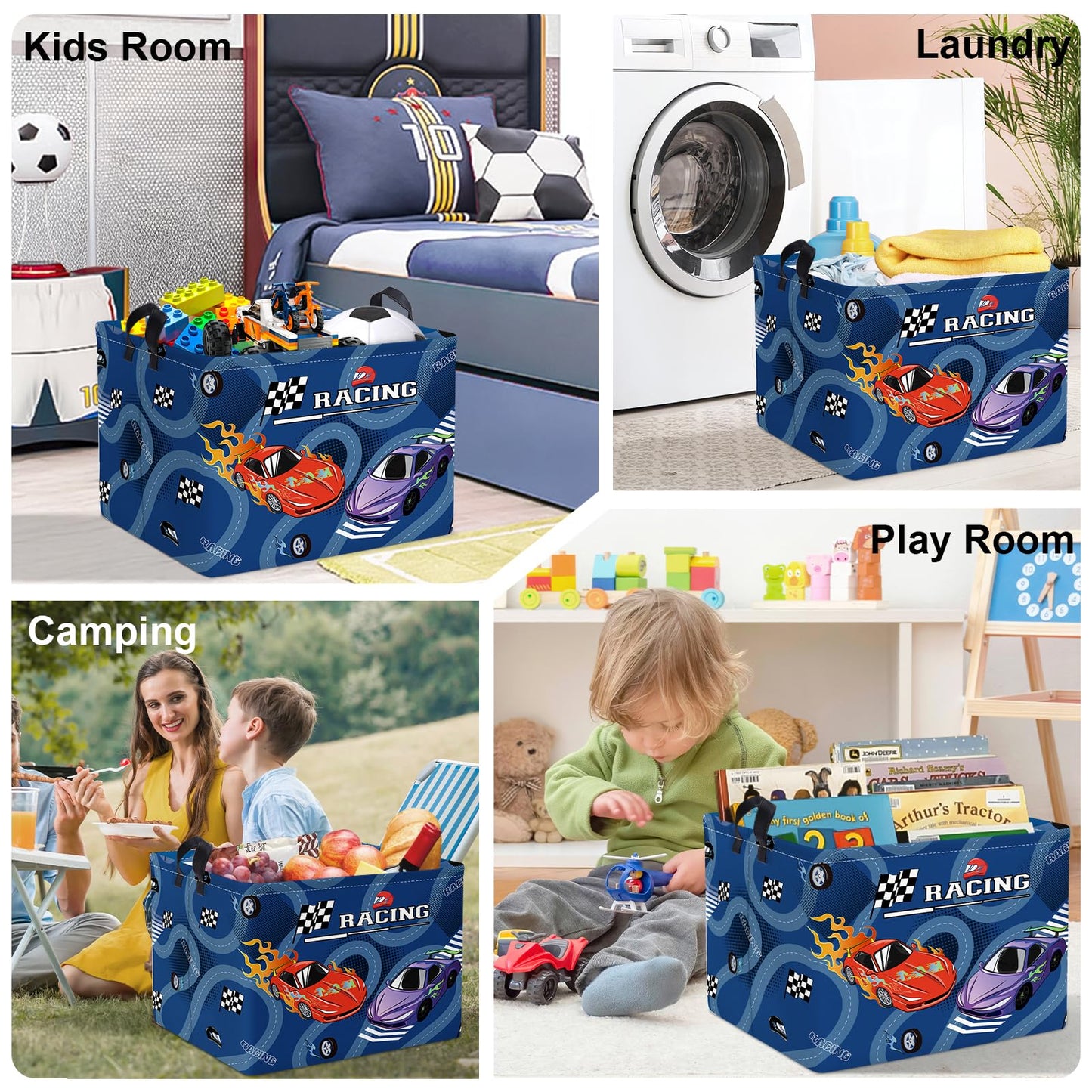 HUUMONSS Racing Car Baby Storage Basket Collapsible Clothes Kids Laundry Hamper Large Flag Track Boys Gift Toy Box Bin for Playroom, Blue, 36L