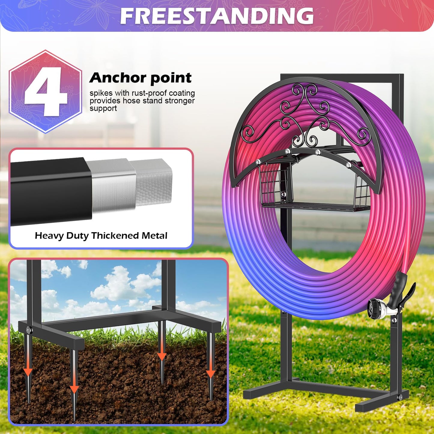 OLV Hose Holder with Storage Basket, Outdoor Decorative Water Garden Hose Holder Freestanding Stake Reels Holds 150-ft Pipe, Heavy Duty Metal Hose Storage Stand Hanger Rack for Outside Yard Lawn Farm