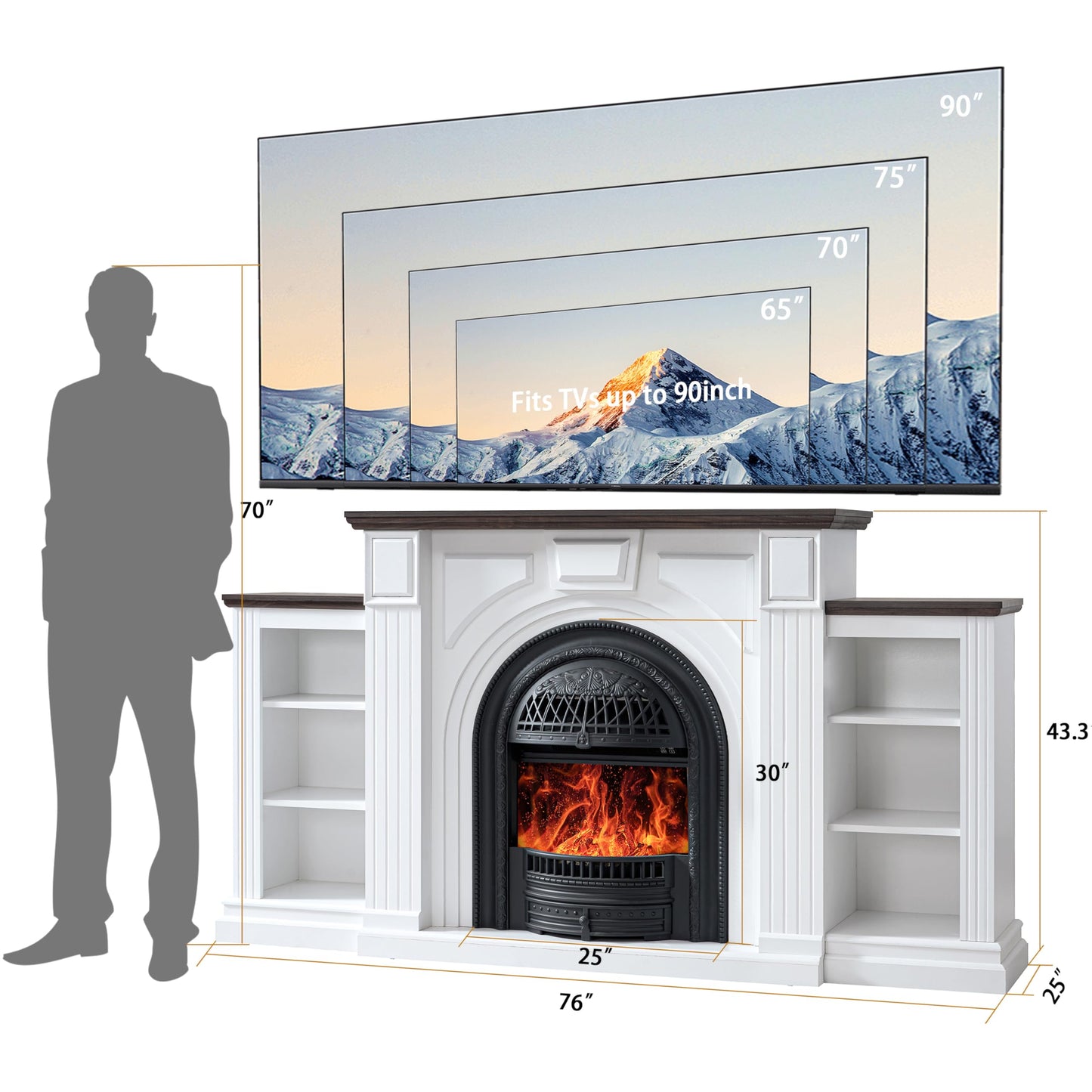 Electric Fireplace with Mantel, 76" Electric Fireplace, Birdcast Fireplaces Entertainment Center TVs Up to 90", Fireplaces TV Stand with 30" Insert Heater with 3D Flame for Living Room, 1400W/750W