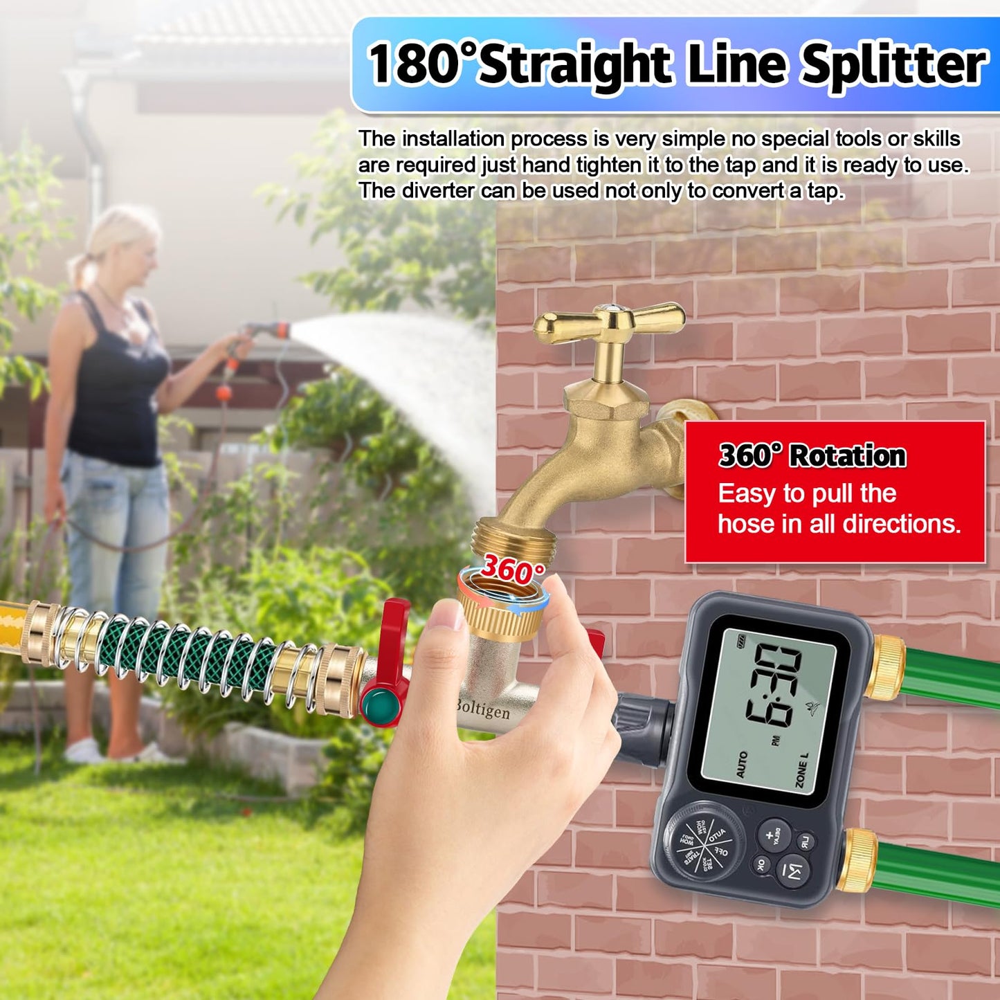 Boltigen 3/4’’ GHT Garden Hose Splitter，2 Way Heavy Duty Water Hose Splitter, Brass Nickel Plated Outdoor Faucet Extender Splitter, T Type 180 Degree Garden Hose Bib Splitter with Shut-Off Valves